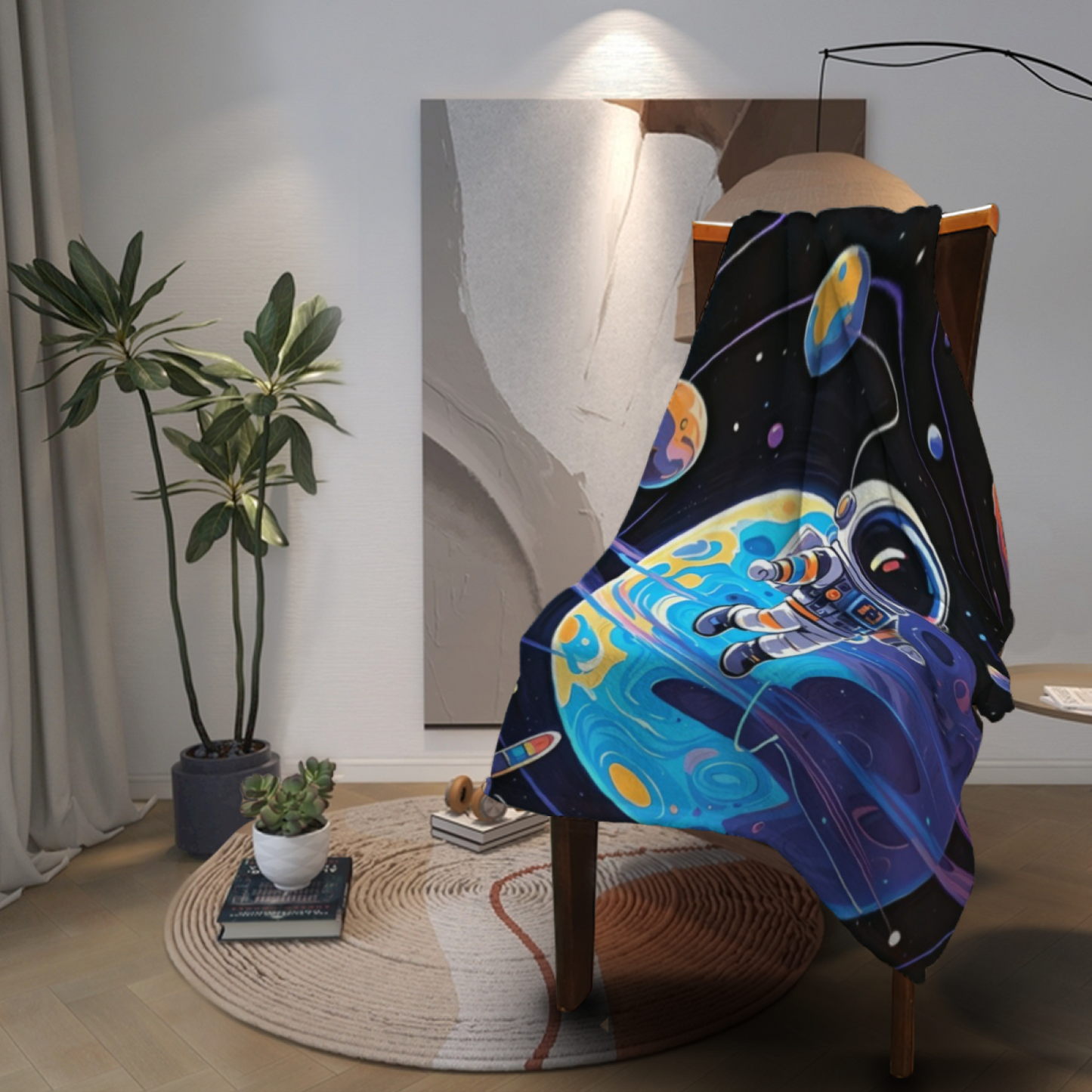Space Astronaut Flannel Throw Blanket ¨C Colorful Planet and Orbit Illustration
