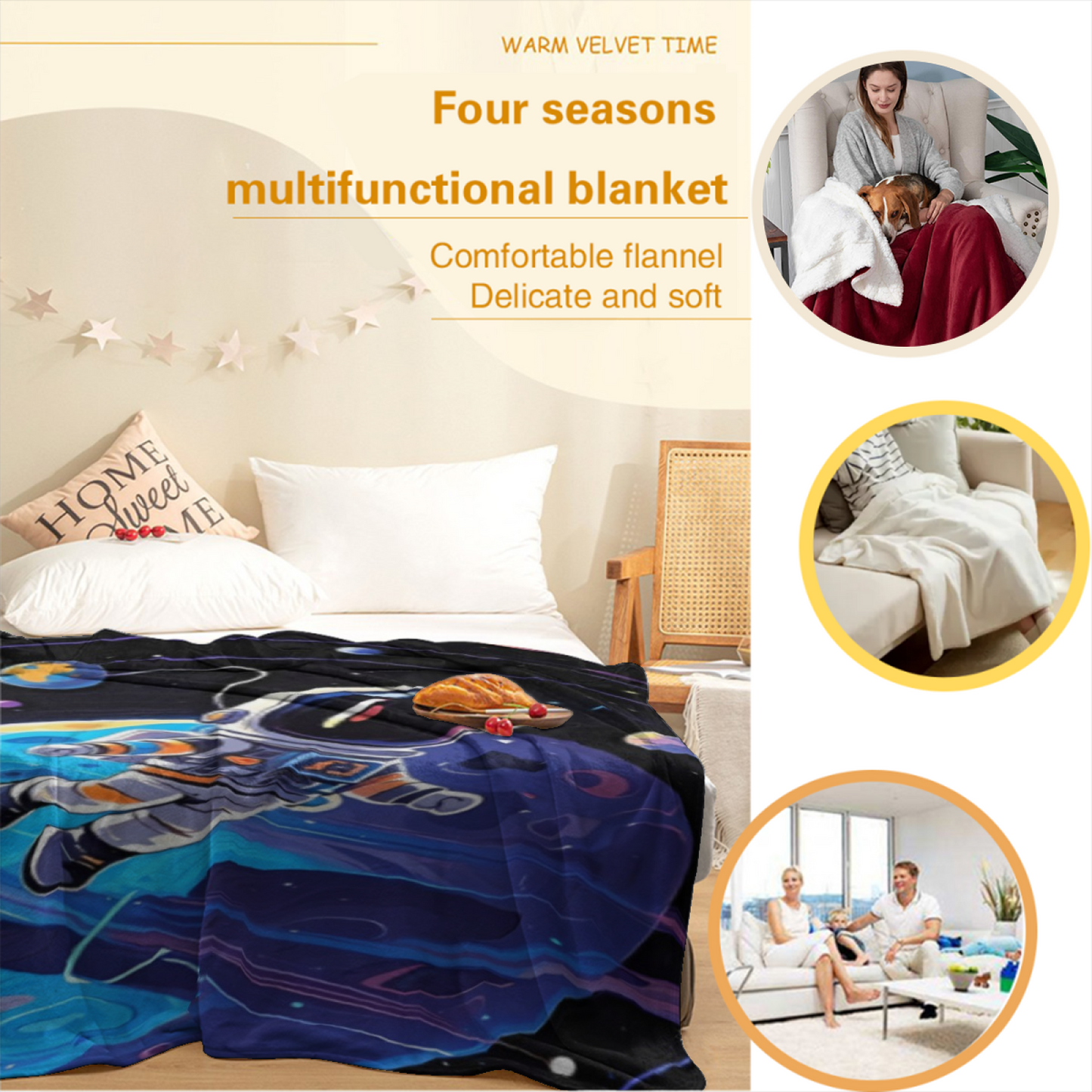 Space Astronaut Flannel Throw Blanket ¨C Colorful Planet and Orbit Illustration