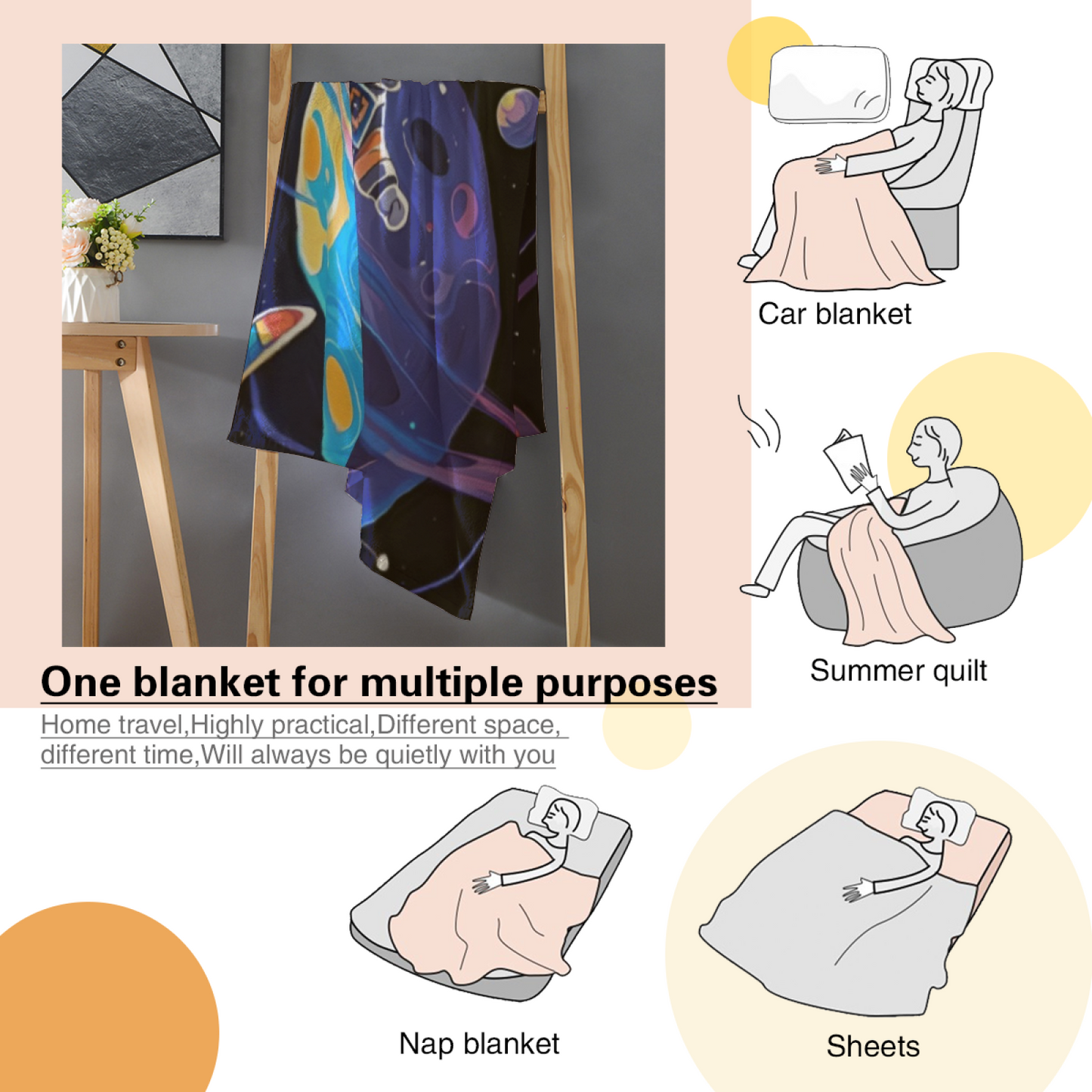 Space Astronaut Flannel Throw Blanket ¨C Colorful Planet and Orbit Illustration