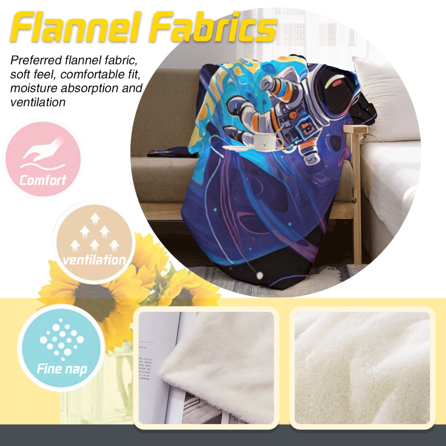 Space Astronaut Flannel Throw Blanket ¨C Colorful Planet and Orbit Illustration