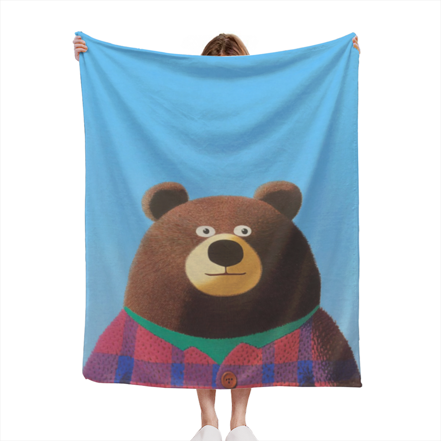 Cute Brown Bear Flannel Throw Blanket ¨C Blue Background Cozy Cartoon Print