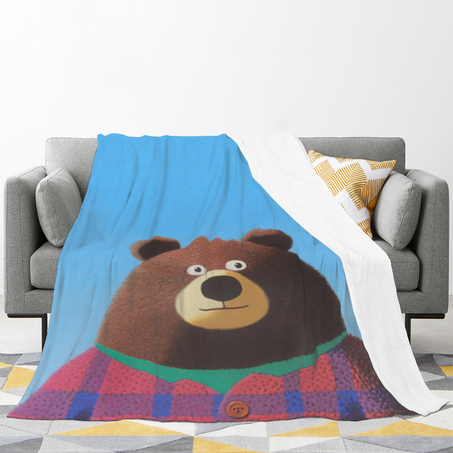 Cute Brown Bear Flannel Throw Blanket ¨C Blue Background Cozy Cartoon Print