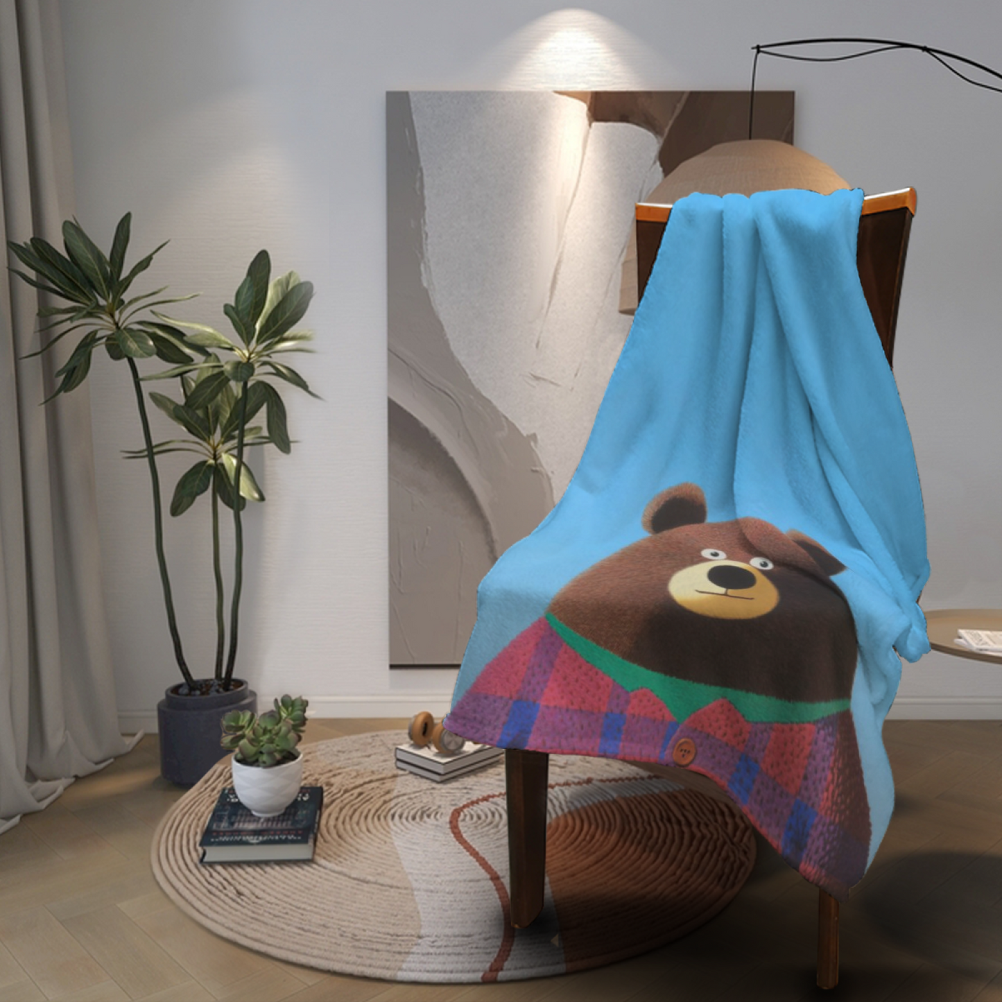 Cute Brown Bear Flannel Throw Blanket ¨C Blue Background Cozy Cartoon Print