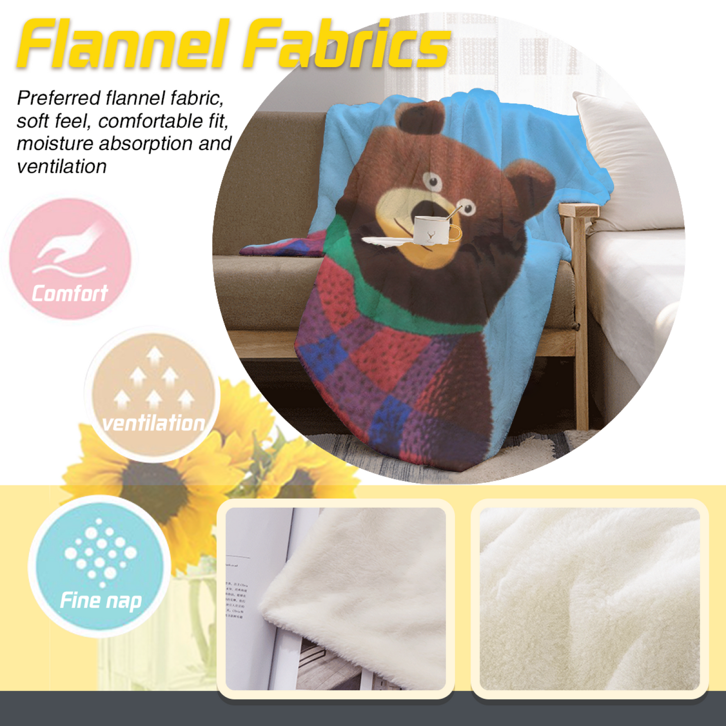 Cute Brown Bear Flannel Throw Blanket ¨C Blue Background Cozy Cartoon Print