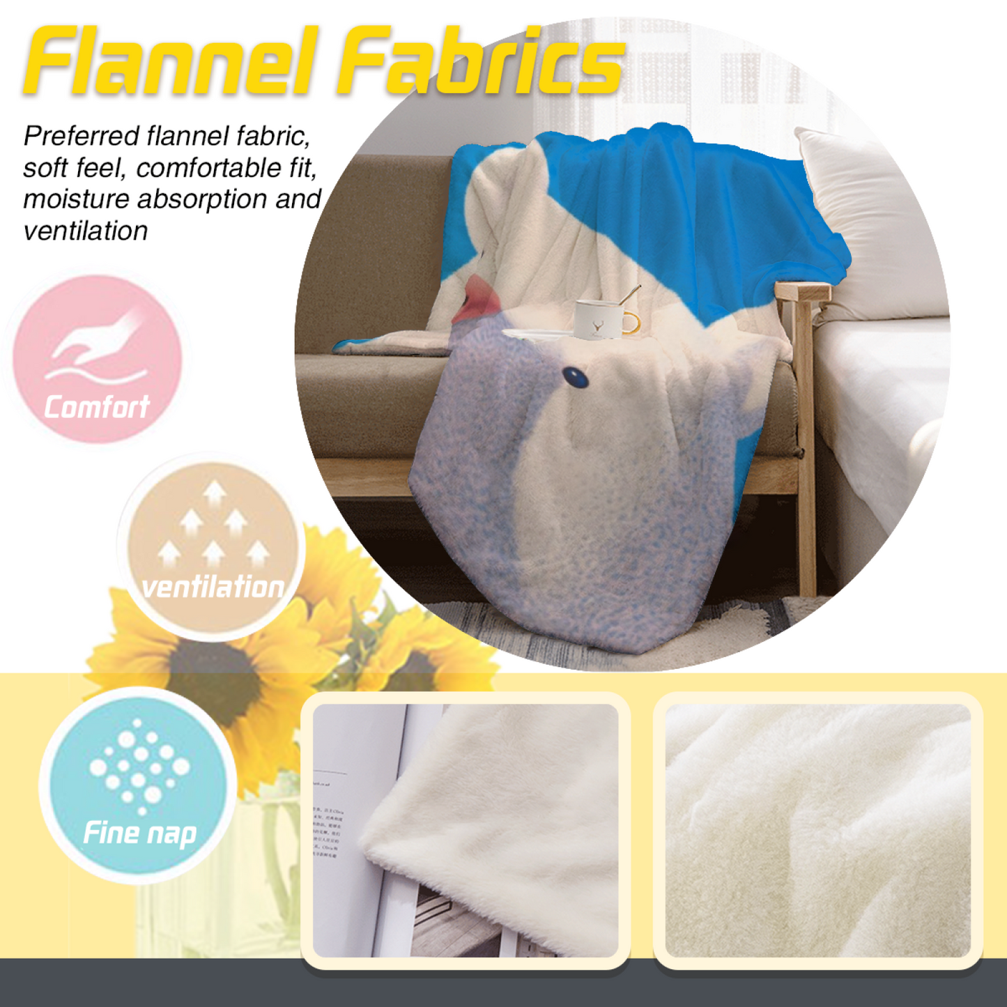 Cute White Bear Flannel Throw Blanket ¨C Blue Background Soft Cartoon Design