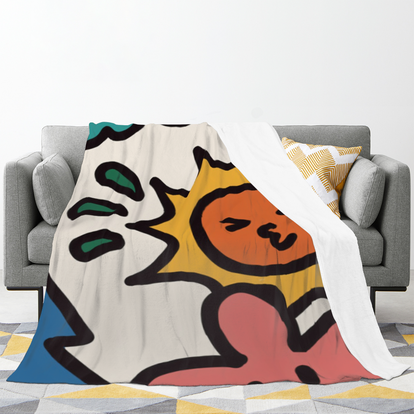 Colorful Cartoon Face Flannel Throw Blanket ¨C Abstract Playful Character Design