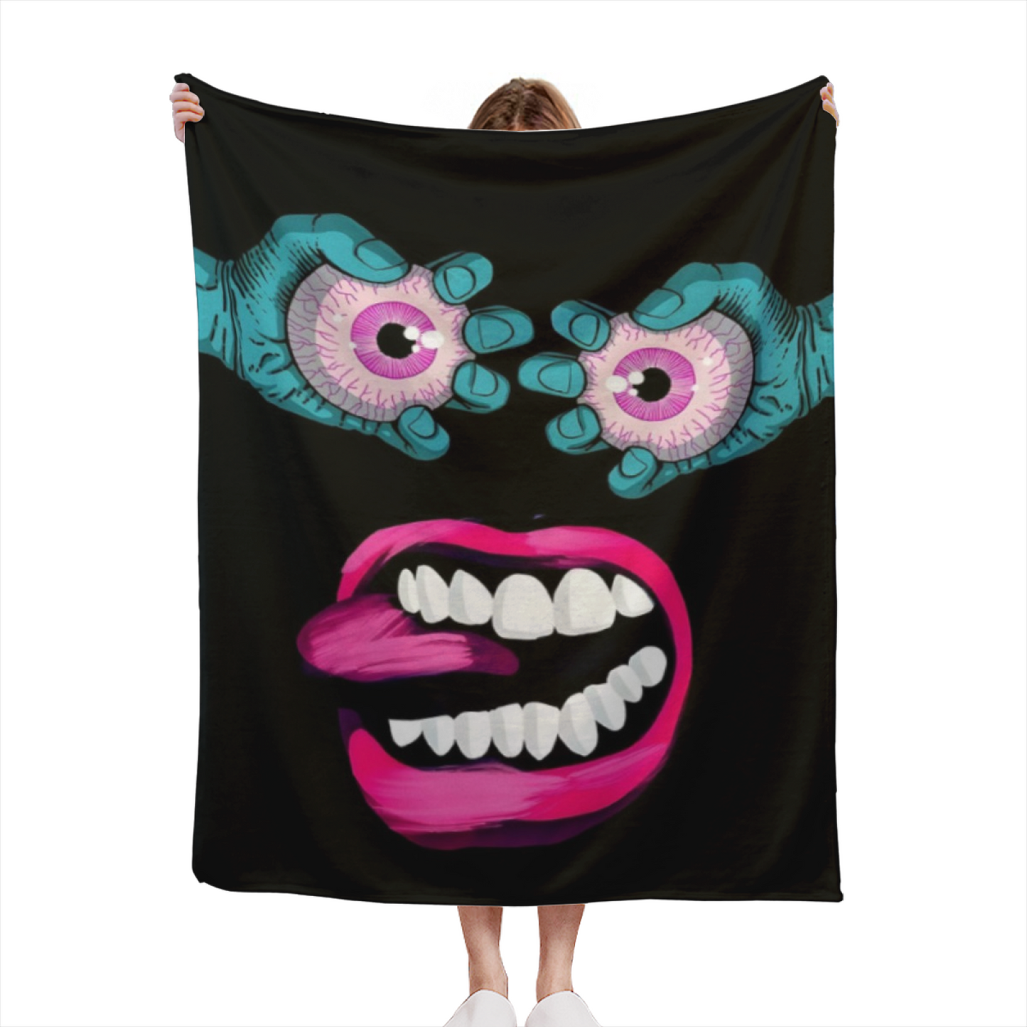 Creepy Eyes and Lips Flannel Throw Blanket ¨C Colorful Gothic Cartoon Design