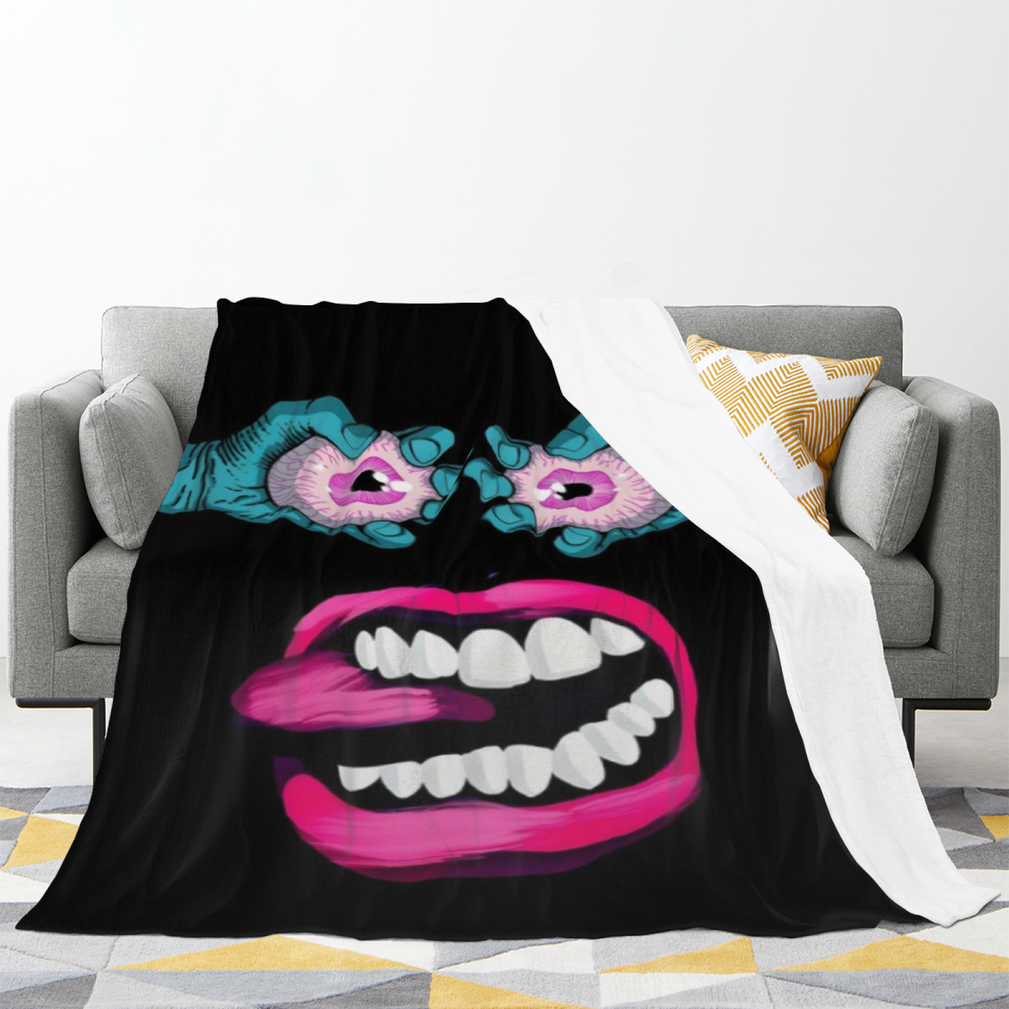 Creepy Eyes and Lips Flannel Throw Blanket ¨C Colorful Gothic Cartoon Design