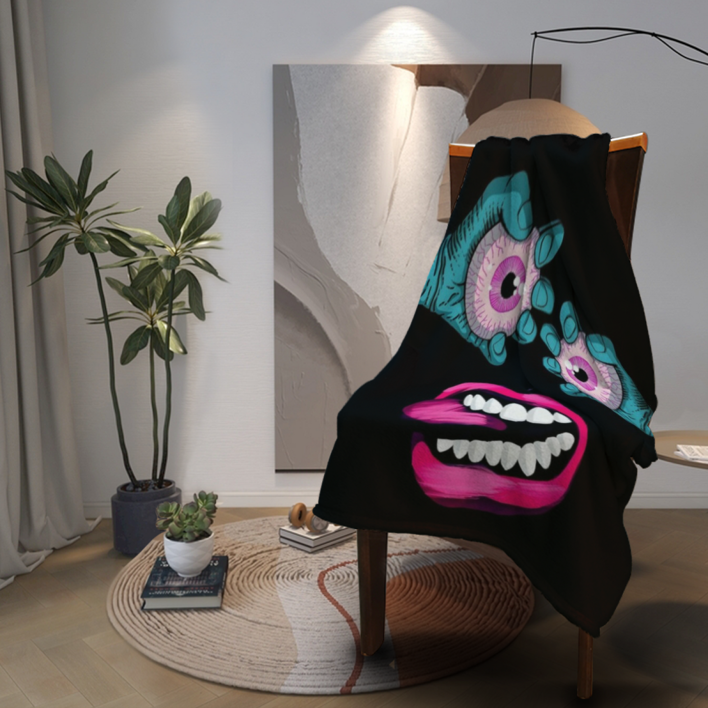 Creepy Eyes and Lips Flannel Throw Blanket ¨C Colorful Gothic Cartoon Design
