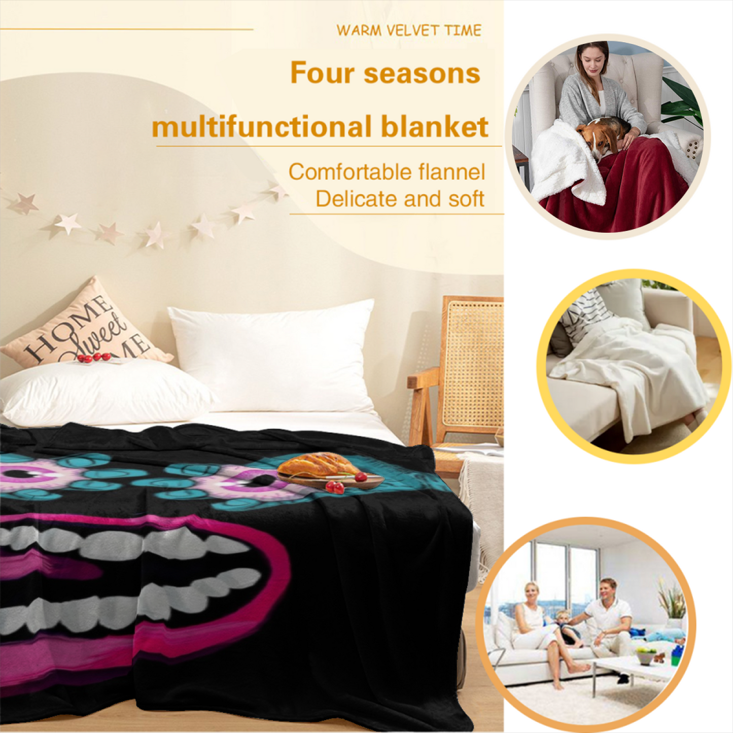 Creepy Eyes and Lips Flannel Throw Blanket ¨C Colorful Gothic Cartoon Design