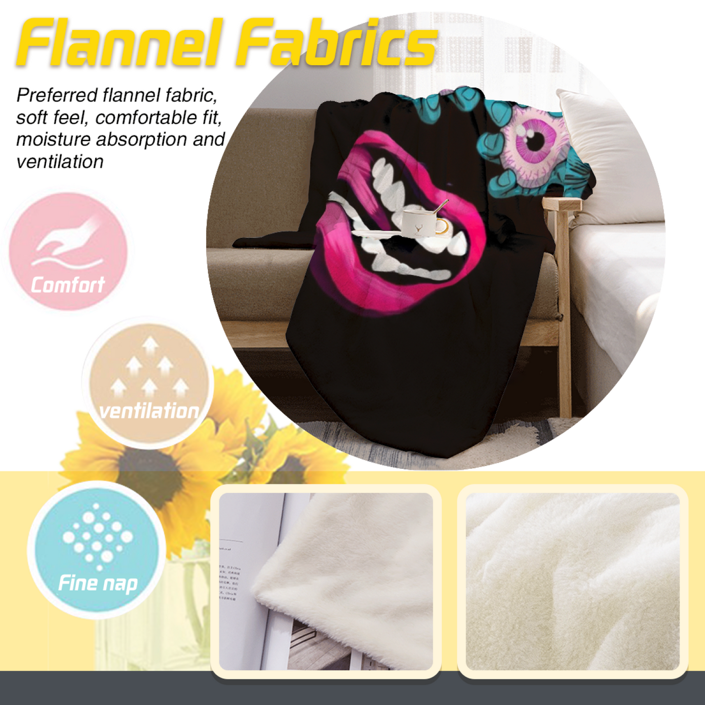 Creepy Eyes and Lips Flannel Throw Blanket ¨C Colorful Gothic Cartoon Design