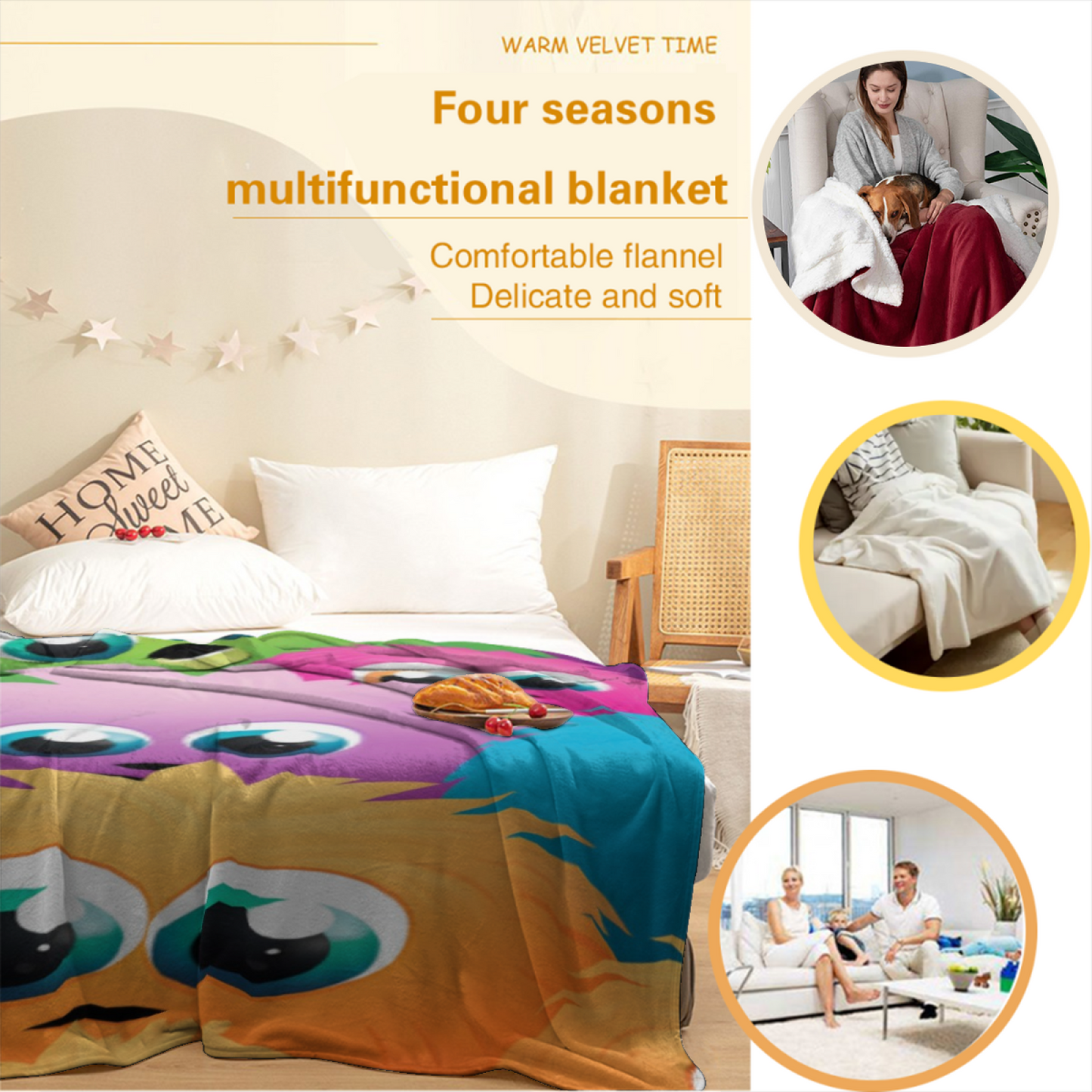 Colorful Cute Monster Character Throw Blanket ¨C Fun Cartoon Design Cozy Home Blanket