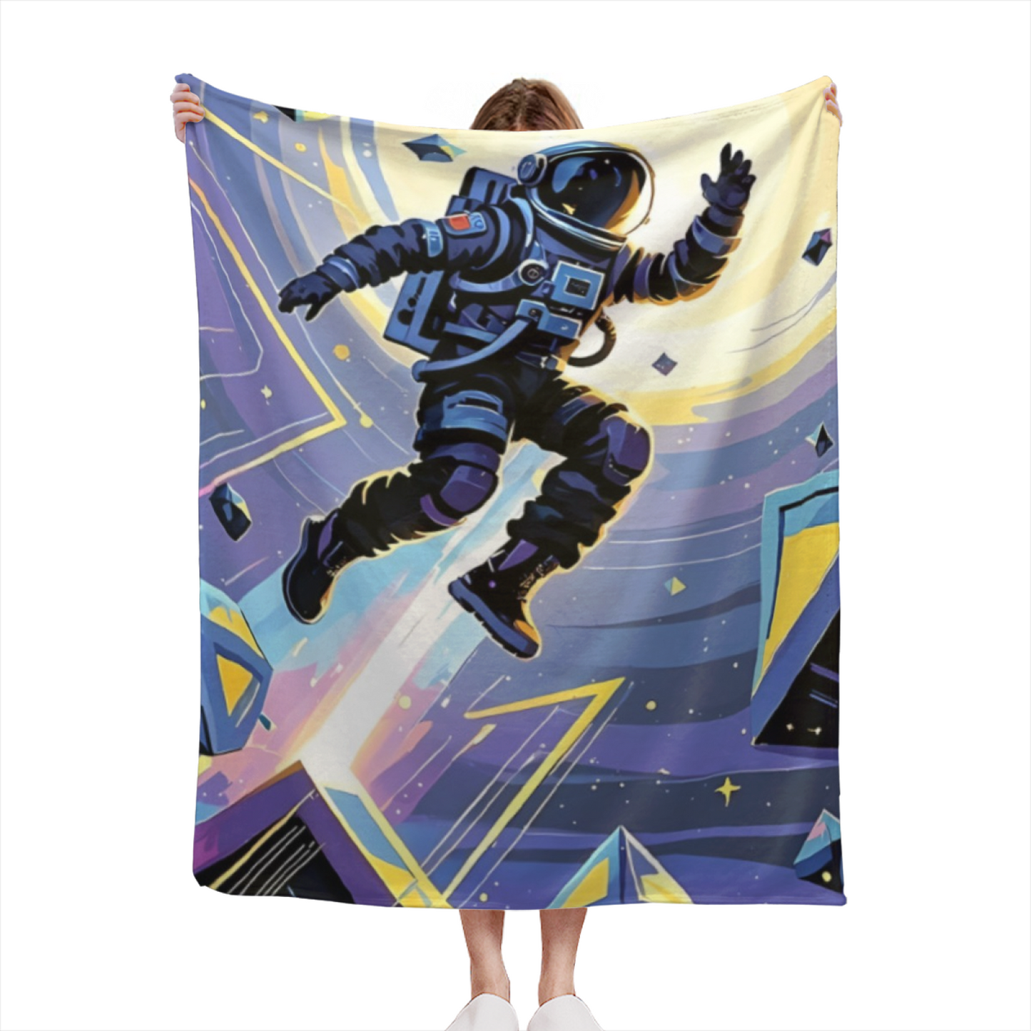 Astronaut Flannel Throw Blanket ¨C Futuristic Blue and Gold Galaxy Illustration