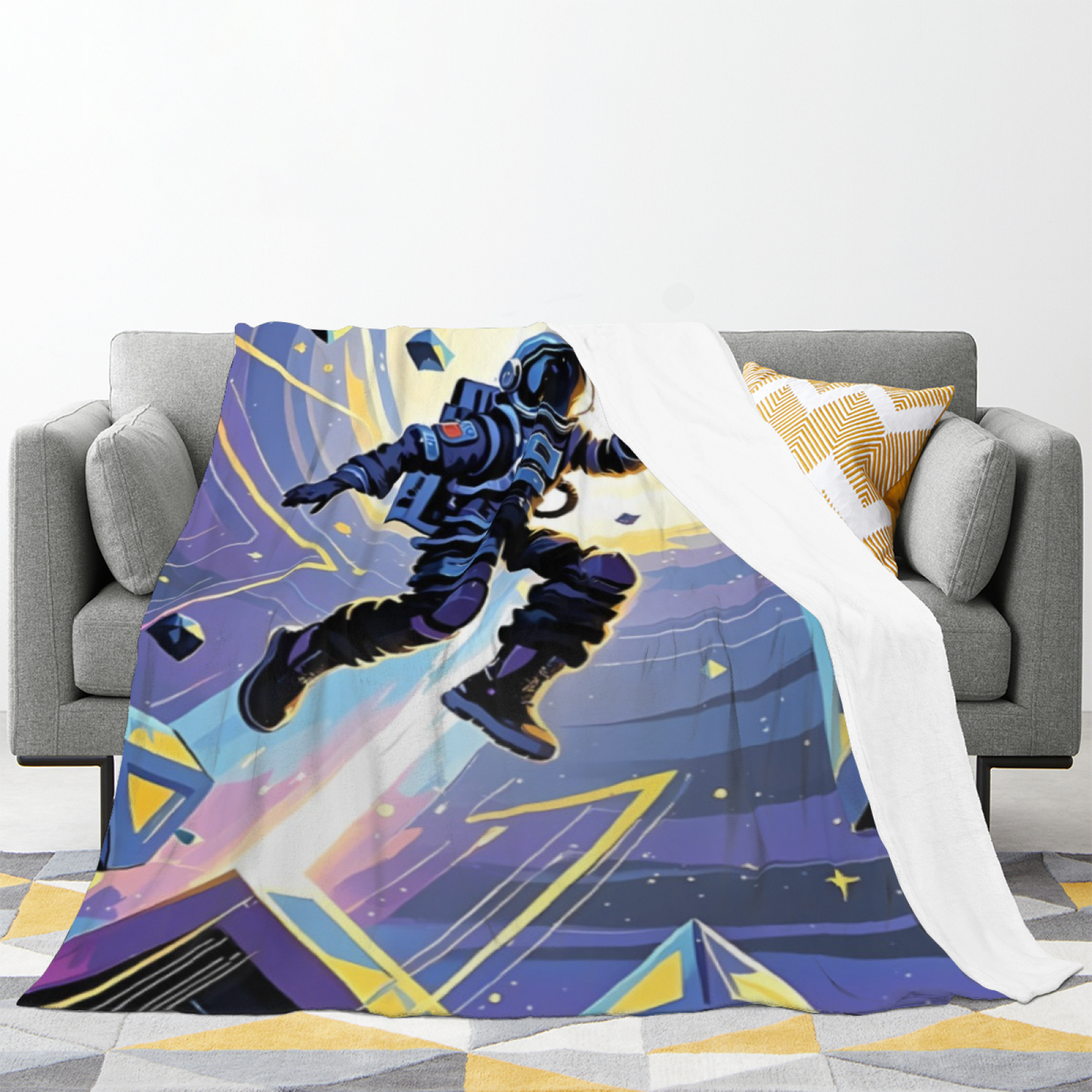 Astronaut Flannel Throw Blanket ¨C Futuristic Blue and Gold Galaxy Illustration