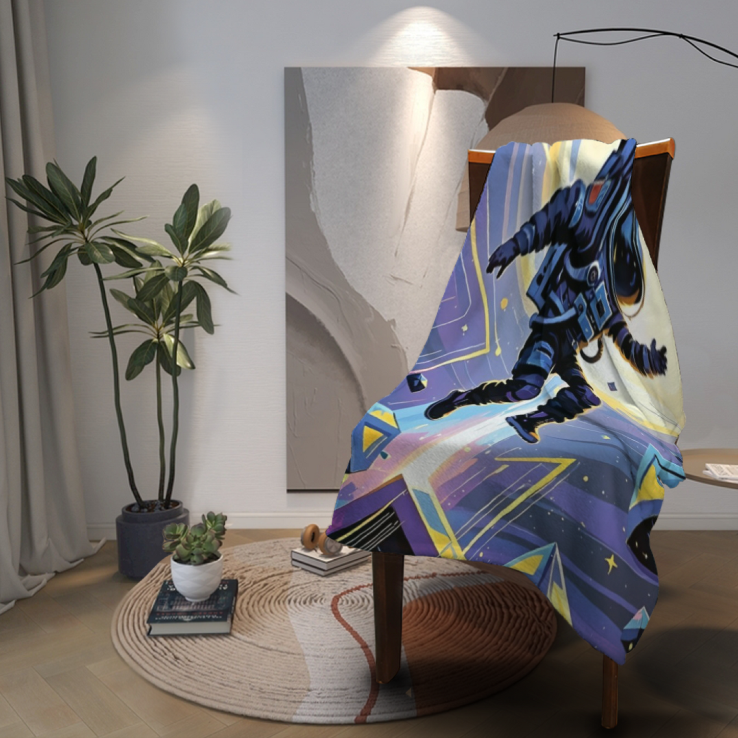 Astronaut Flannel Throw Blanket ¨C Futuristic Blue and Gold Galaxy Illustration