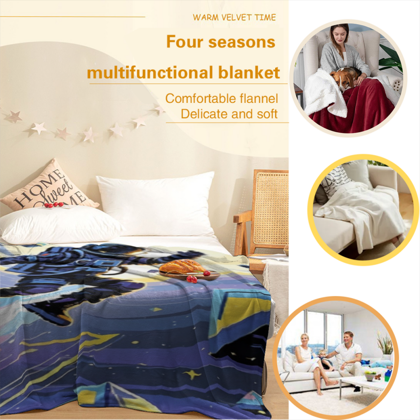 Astronaut Flannel Throw Blanket ¨C Futuristic Blue and Gold Galaxy Illustration