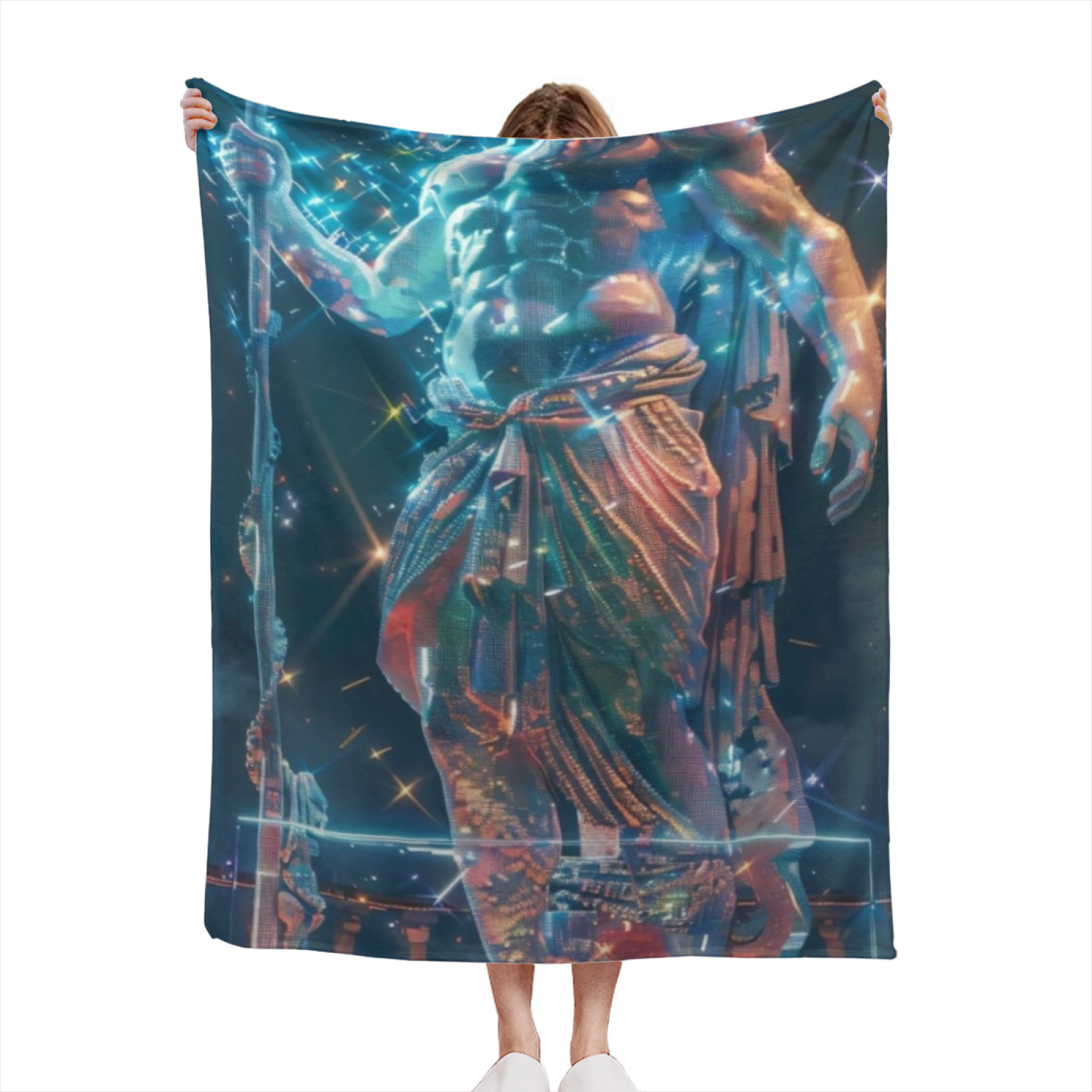 Futuristic Marble Warrior Flannel Throw Blanket ¨C Cosmic Neon Digital Art