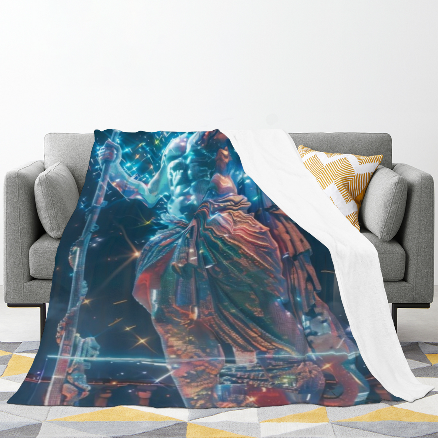 Futuristic Marble Warrior Flannel Throw Blanket ¨C Cosmic Neon Digital Art