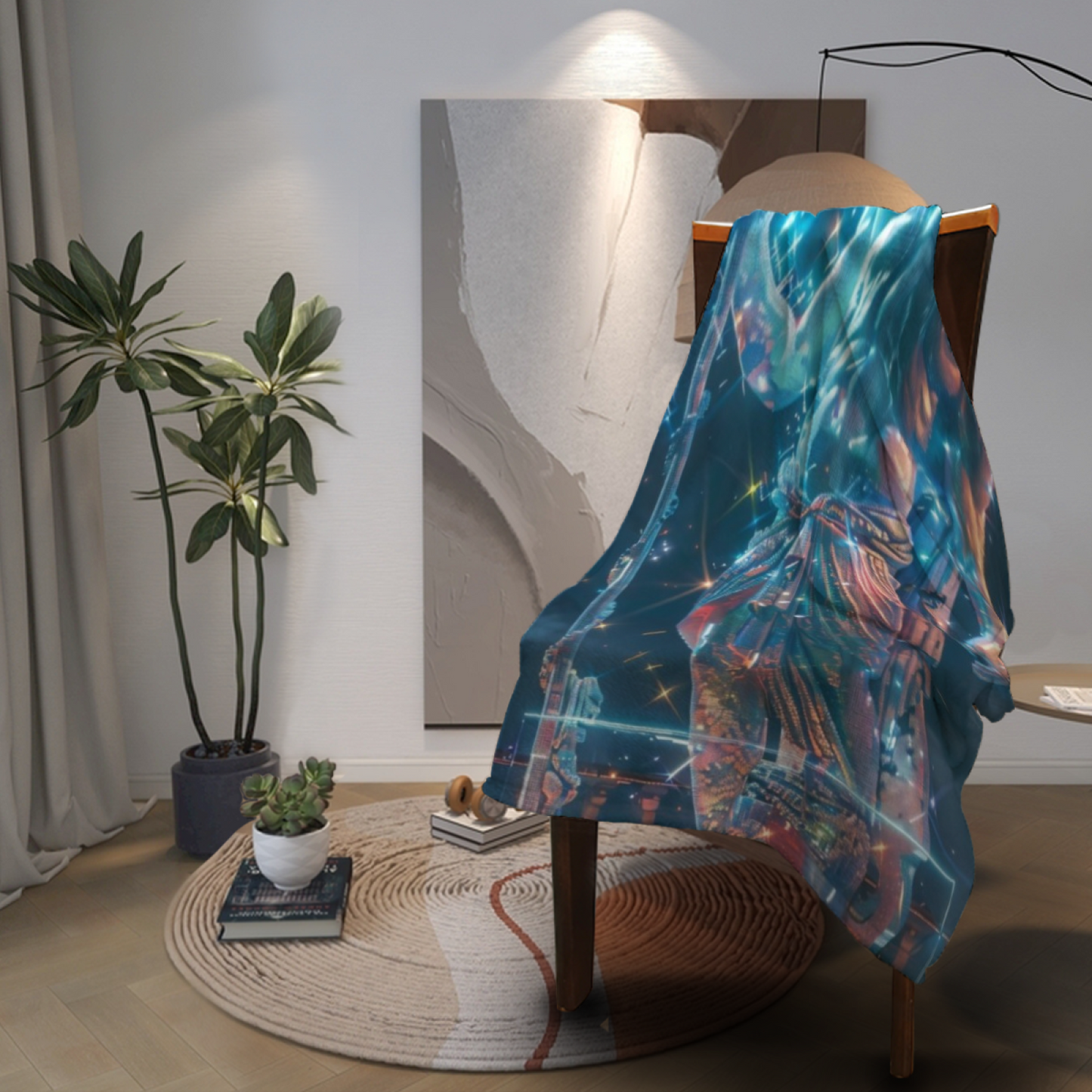 Futuristic Marble Warrior Flannel Throw Blanket ¨C Cosmic Neon Digital Art