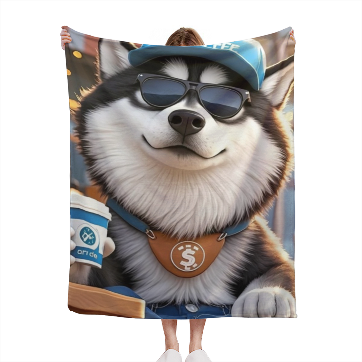 Cool Husky Dog Flannel Throw Blanket ¨C Cap, Sunglasses and Coffee Design