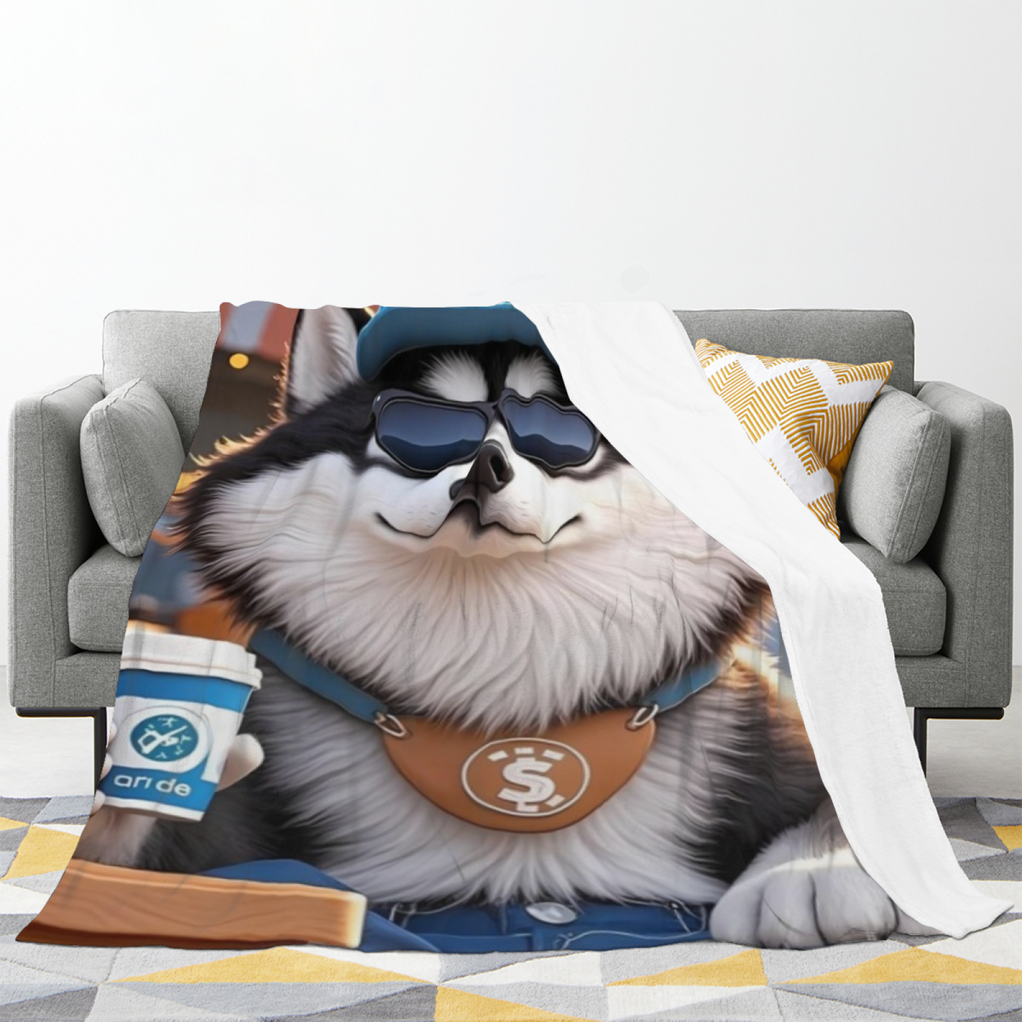 Cool Husky Dog Flannel Throw Blanket ¨C Cap, Sunglasses and Coffee Design