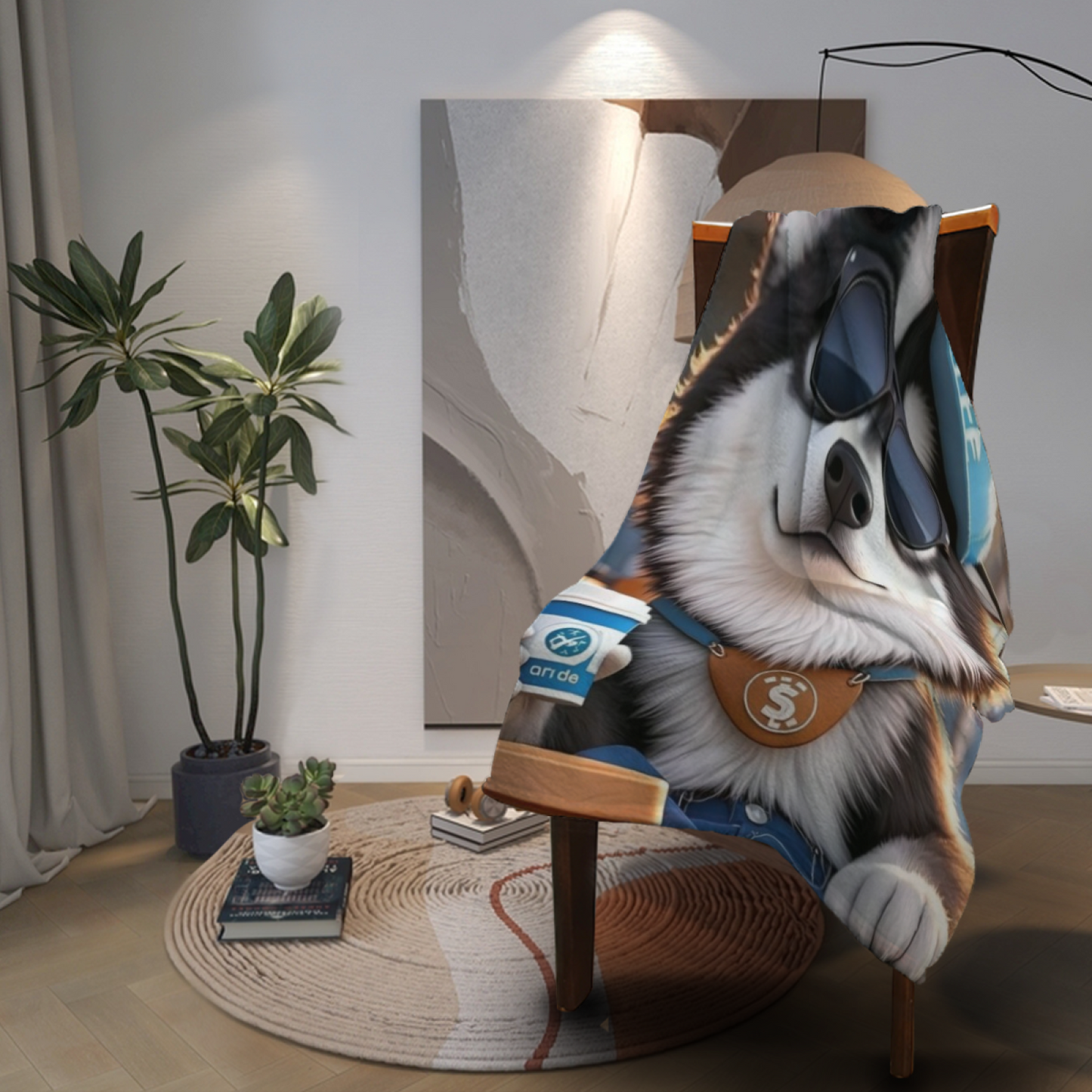 Cool Husky Dog Flannel Throw Blanket ¨C Cap, Sunglasses and Coffee Design
