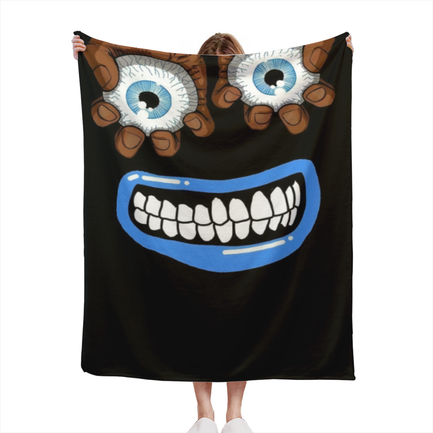 Creepy Eyes and Grinning Mouth Flannel Throw Blanket ¨C Dark Cartoon Horror Print