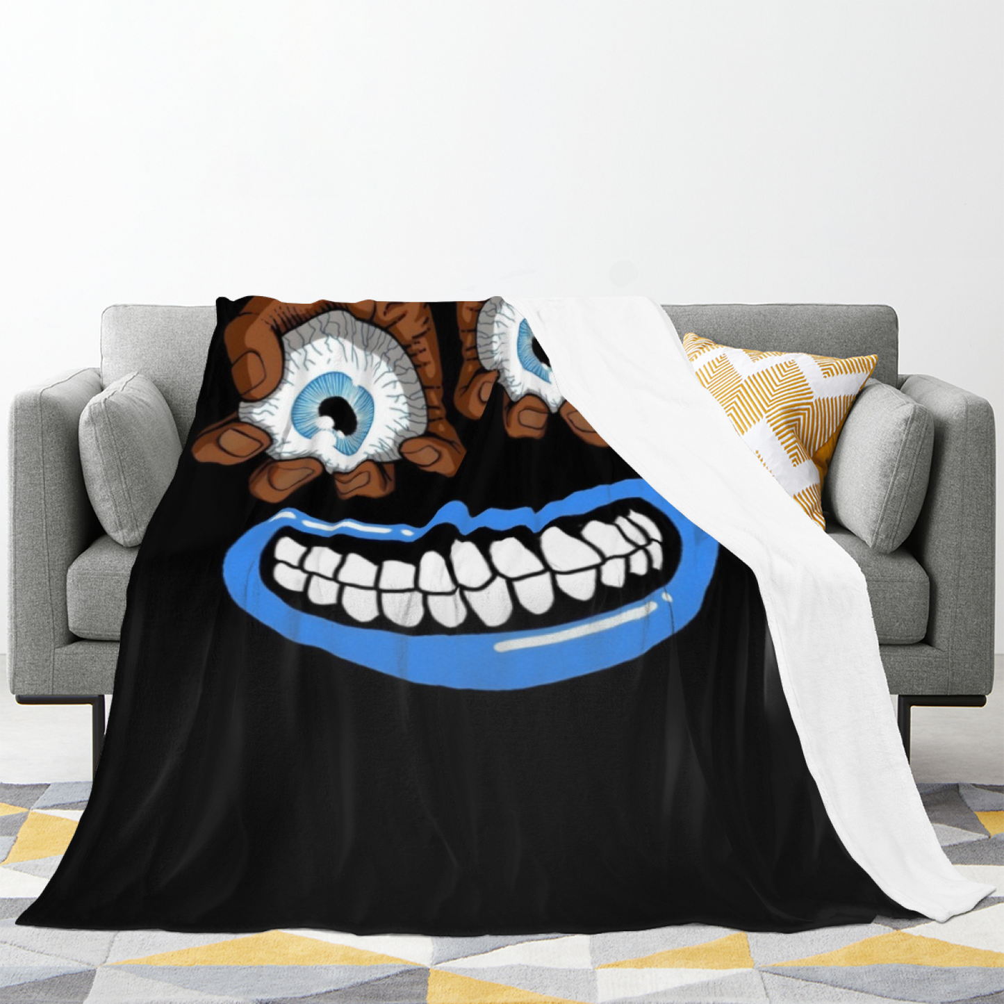 Creepy Eyes and Grinning Mouth Flannel Throw Blanket ¨C Dark Cartoon Horror Print