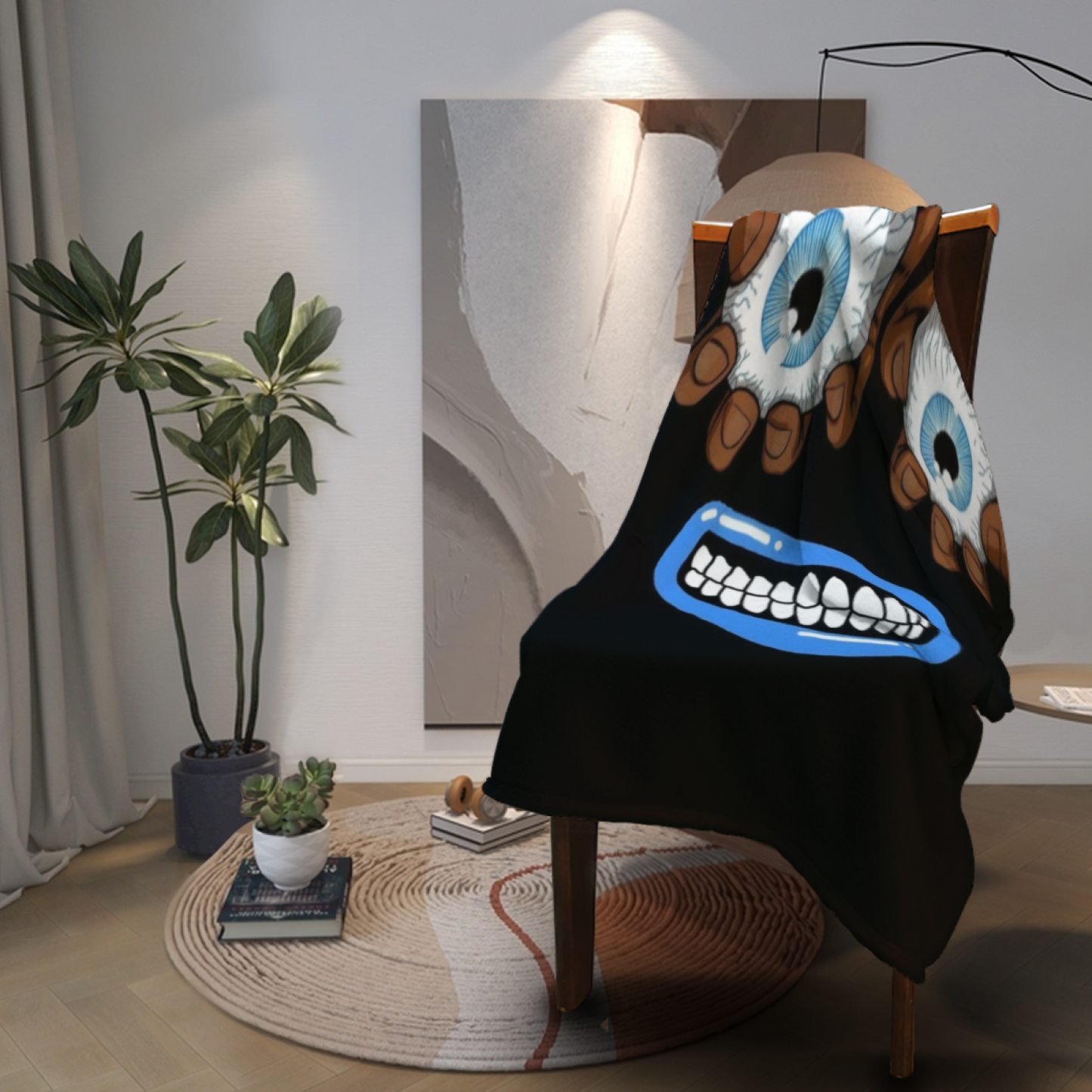 Creepy Eyes and Grinning Mouth Flannel Throw Blanket ¨C Dark Cartoon Horror Print