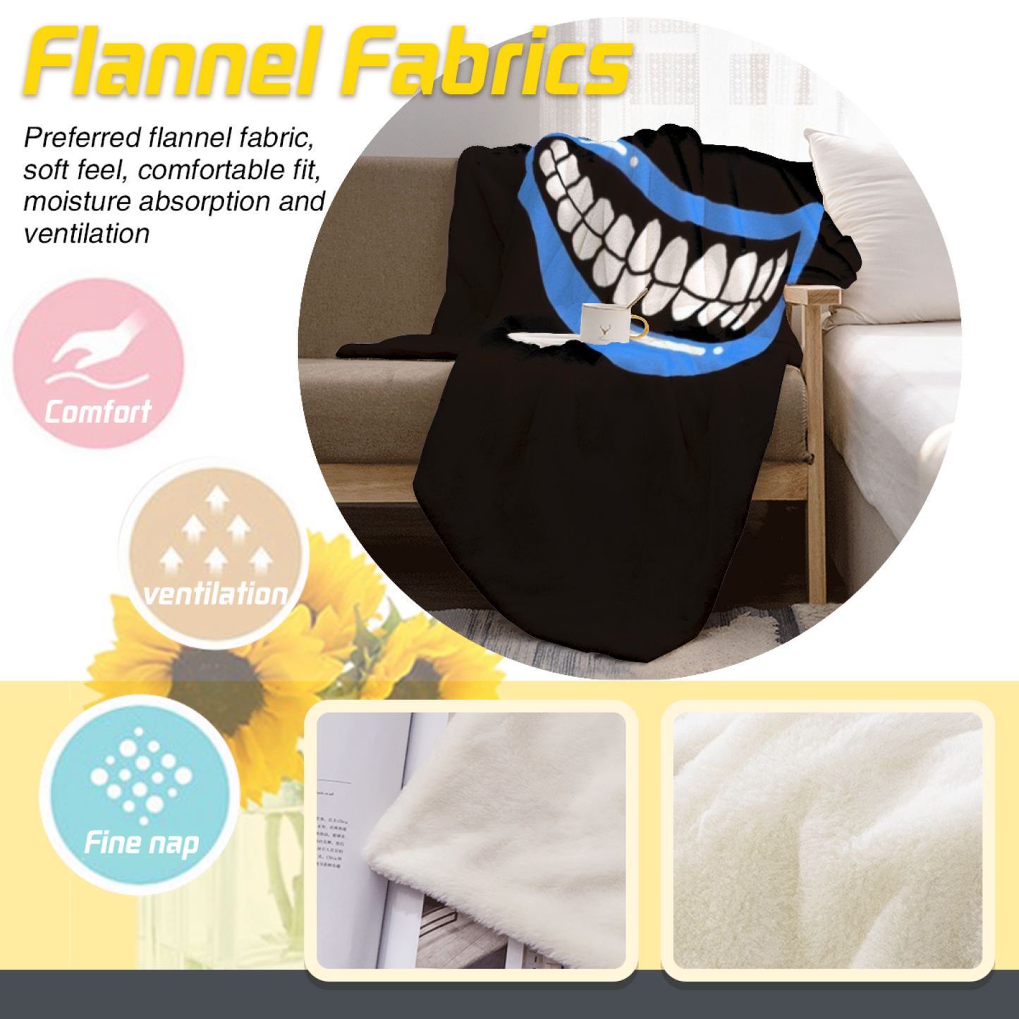 Creepy Eyes and Grinning Mouth Flannel Throw Blanket ¨C Dark Cartoon Horror Print