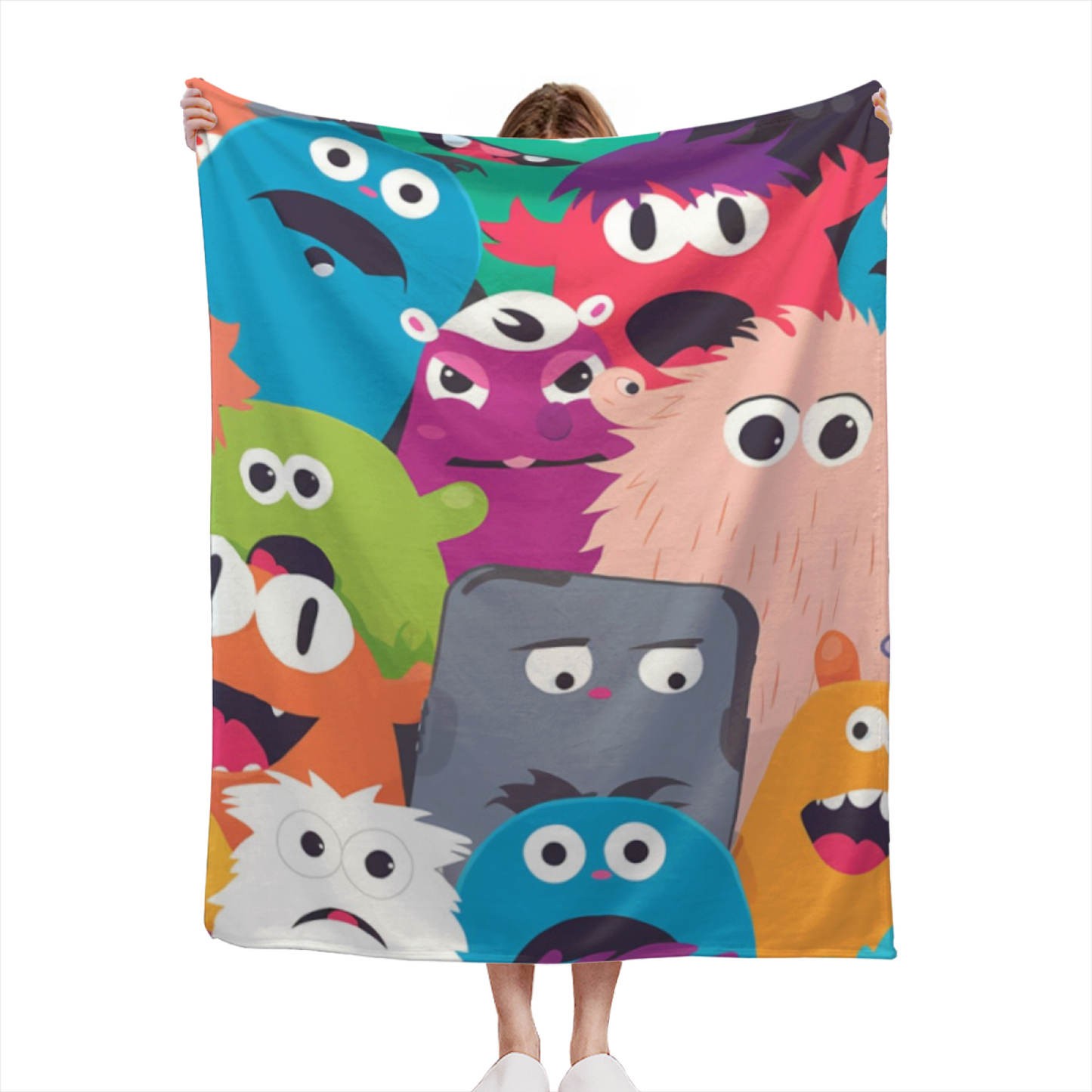 Colorful Cartoon Monster Flannel Throw Blanket ¨C Playful Character Collage