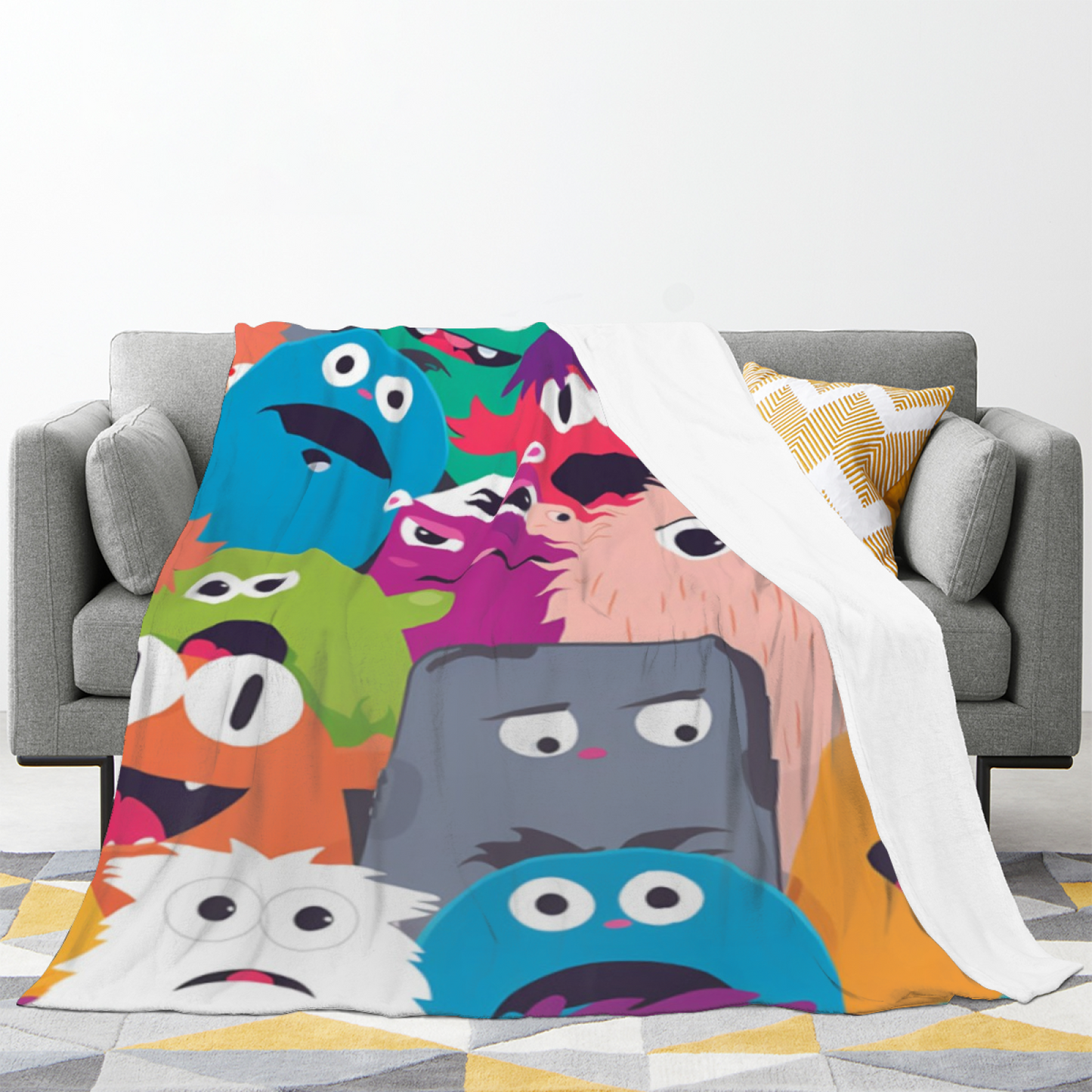 Colorful Cartoon Monster Flannel Throw Blanket ¨C Playful Character Collage