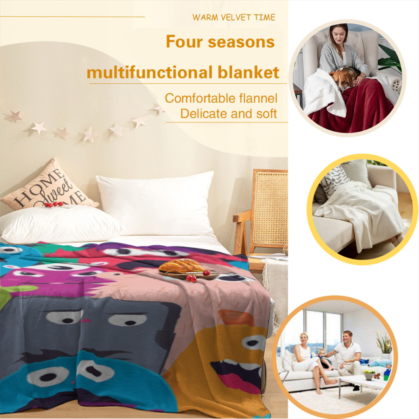 Colorful Cartoon Monster Flannel Throw Blanket ¨C Playful Character Collage