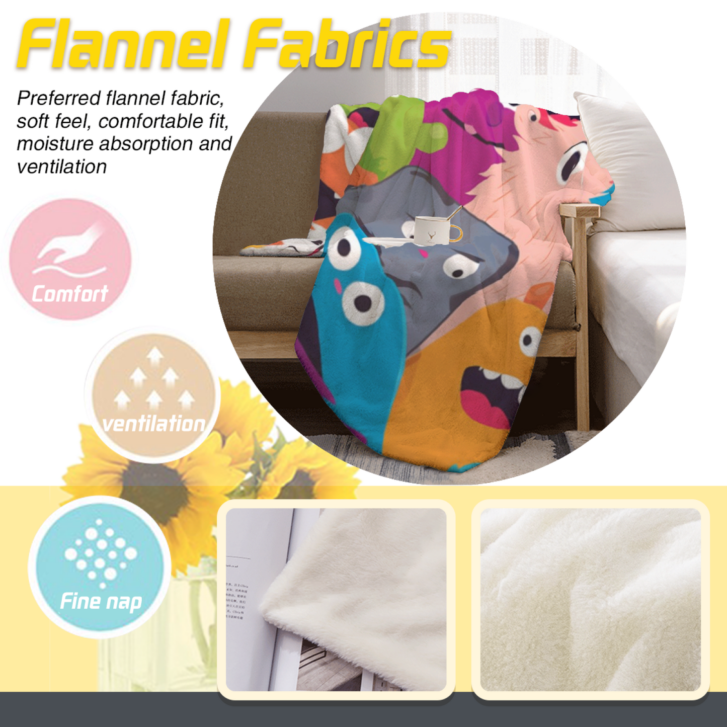 Colorful Cartoon Monster Flannel Throw Blanket ¨C Playful Character Collage