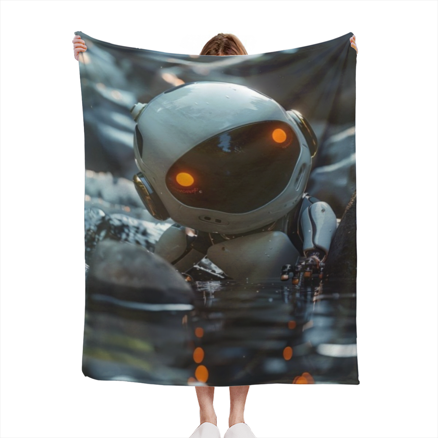 Cute Futuristic Robot Flannel Throw Blanket ¨C Sci-Fi Character in Water