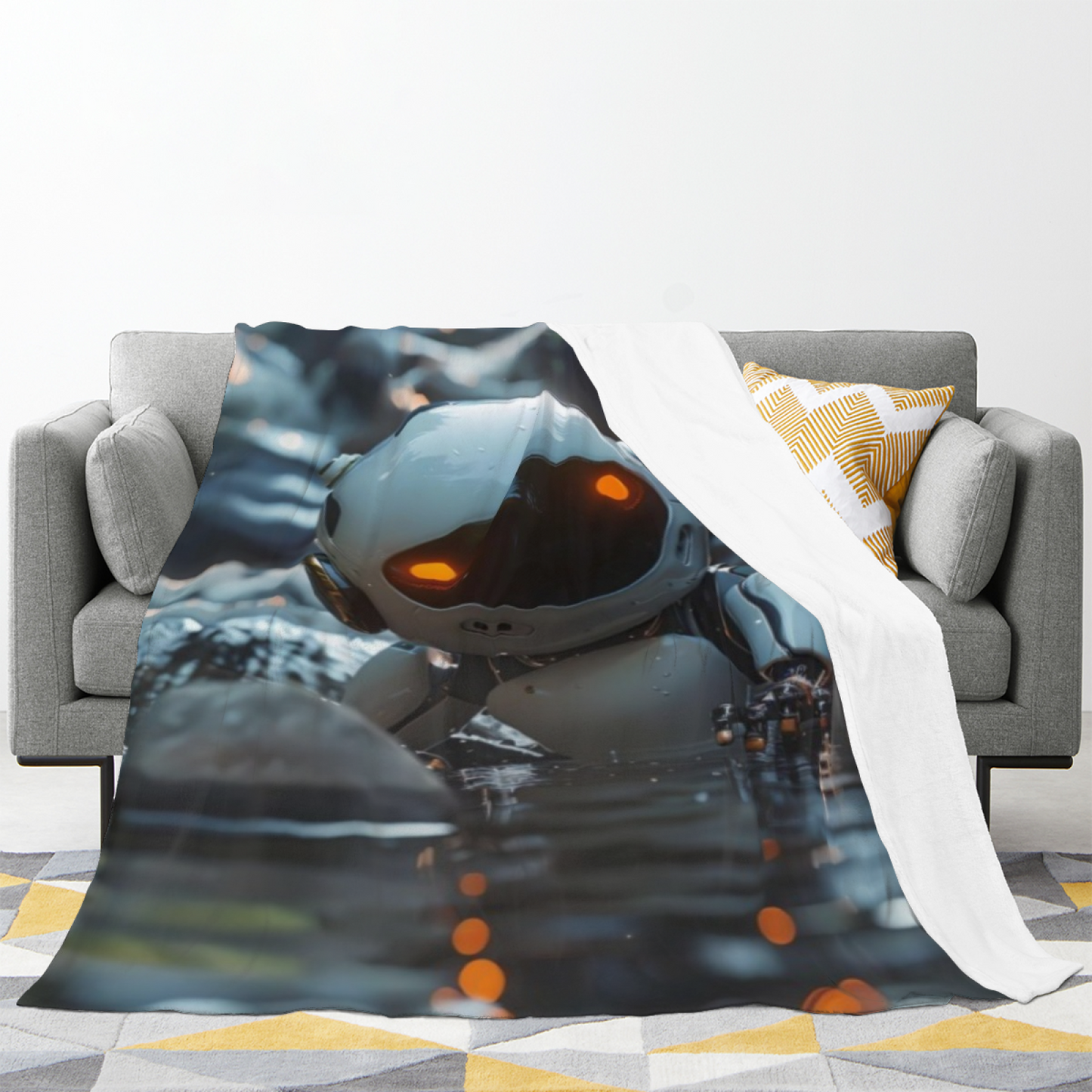 Cute Futuristic Robot Flannel Throw Blanket ¨C Sci-Fi Character in Water