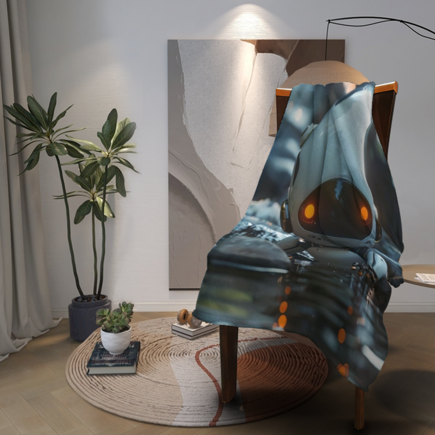 Cute Futuristic Robot Flannel Throw Blanket ¨C Sci-Fi Character in Water
