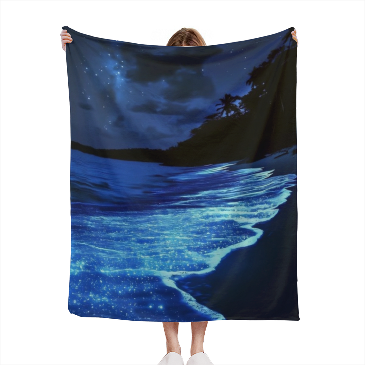 Night Ocean Flannel Throw Blanket ¨C Starry Sky and Glowing Waves