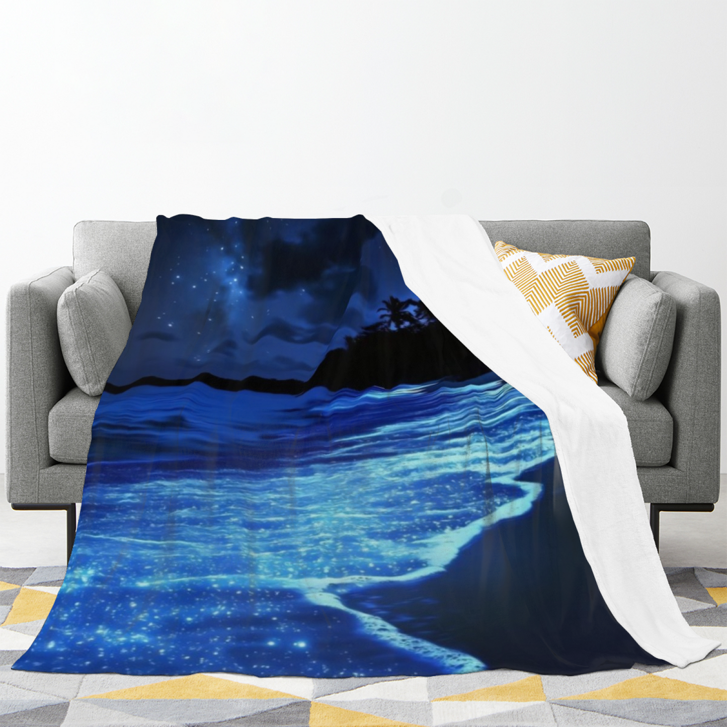 Night Ocean Flannel Throw Blanket ¨C Starry Sky and Glowing Waves