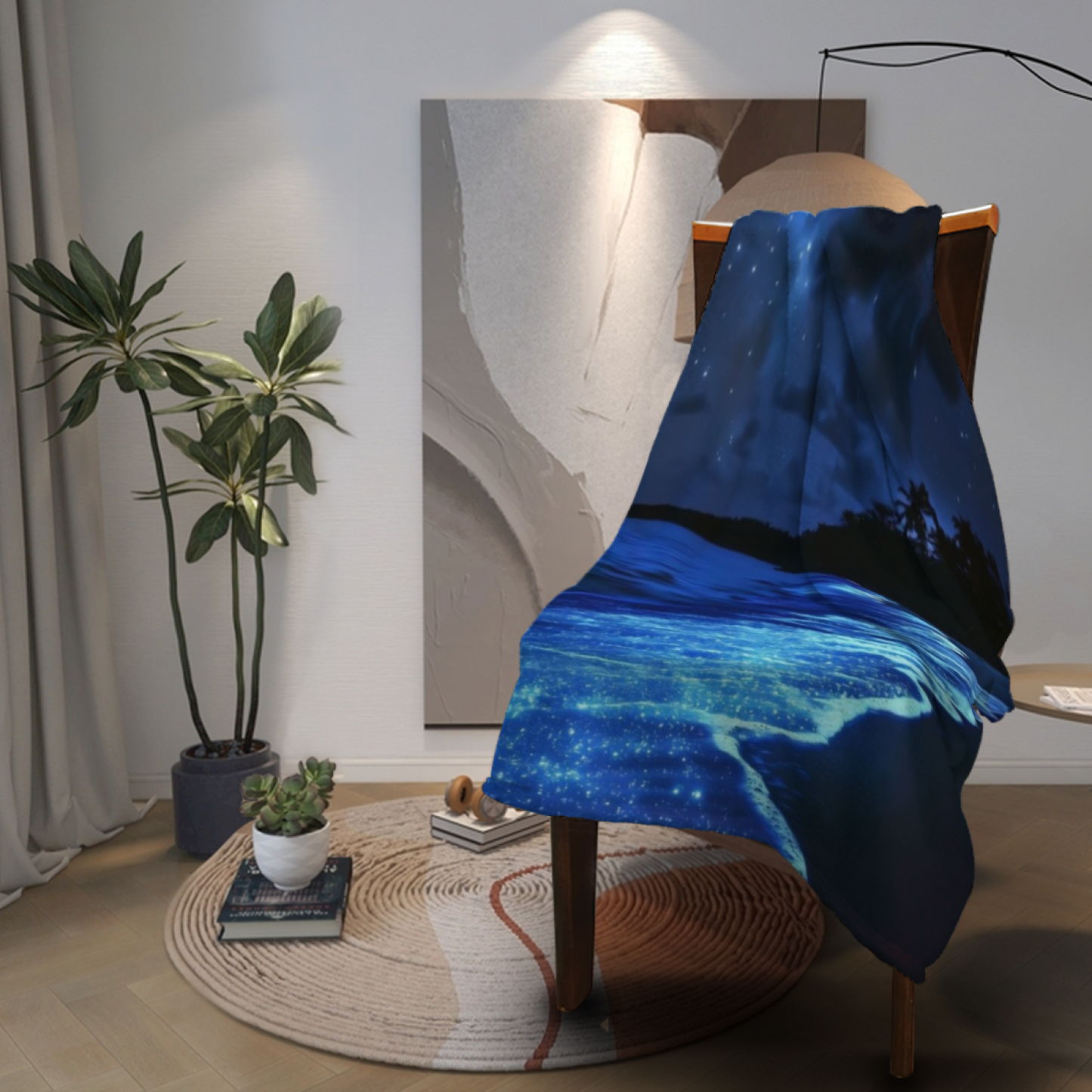 Night Ocean Flannel Throw Blanket ¨C Starry Sky and Glowing Waves