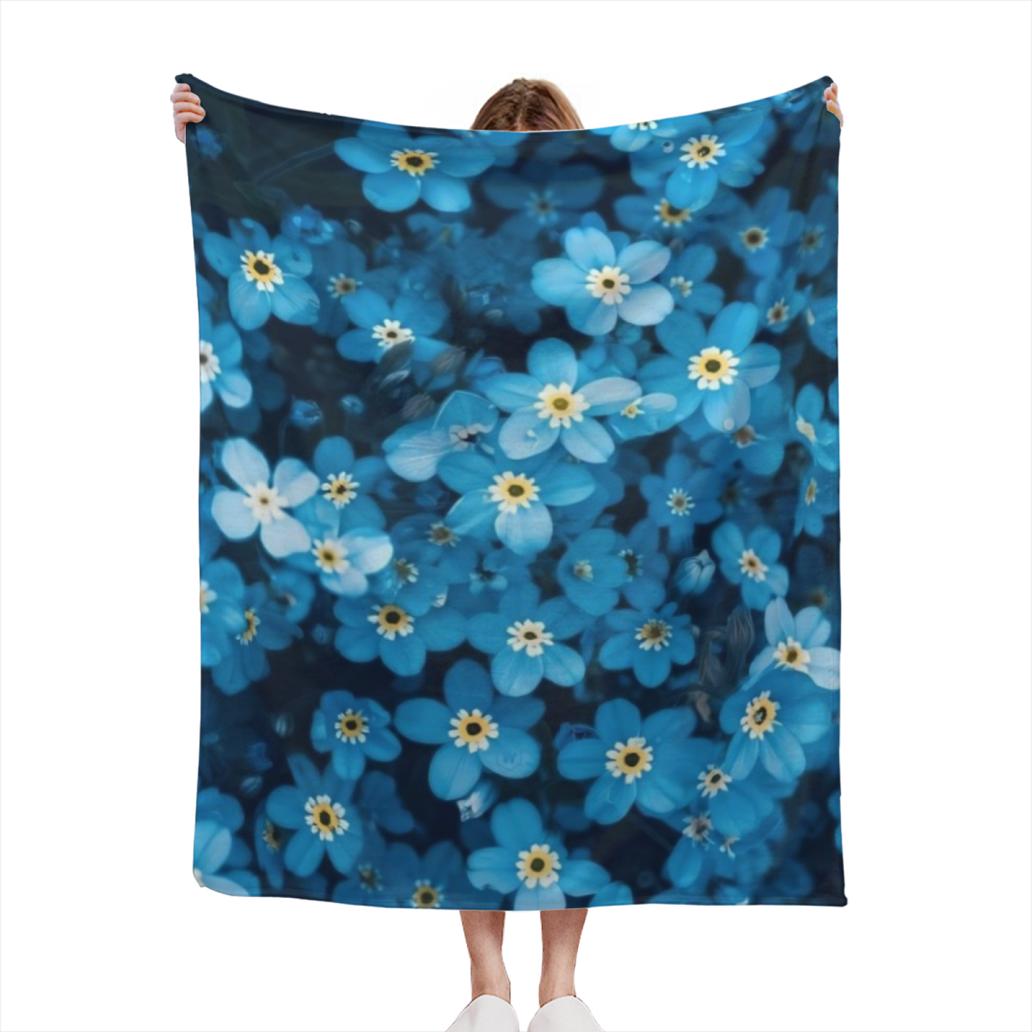 Blue Floral Flannel Throw Blanket ¨C Lush Wildflower Garden Print