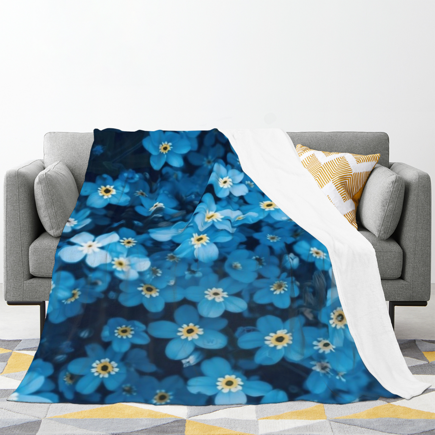 Blue Floral Flannel Throw Blanket ¨C Lush Wildflower Garden Print