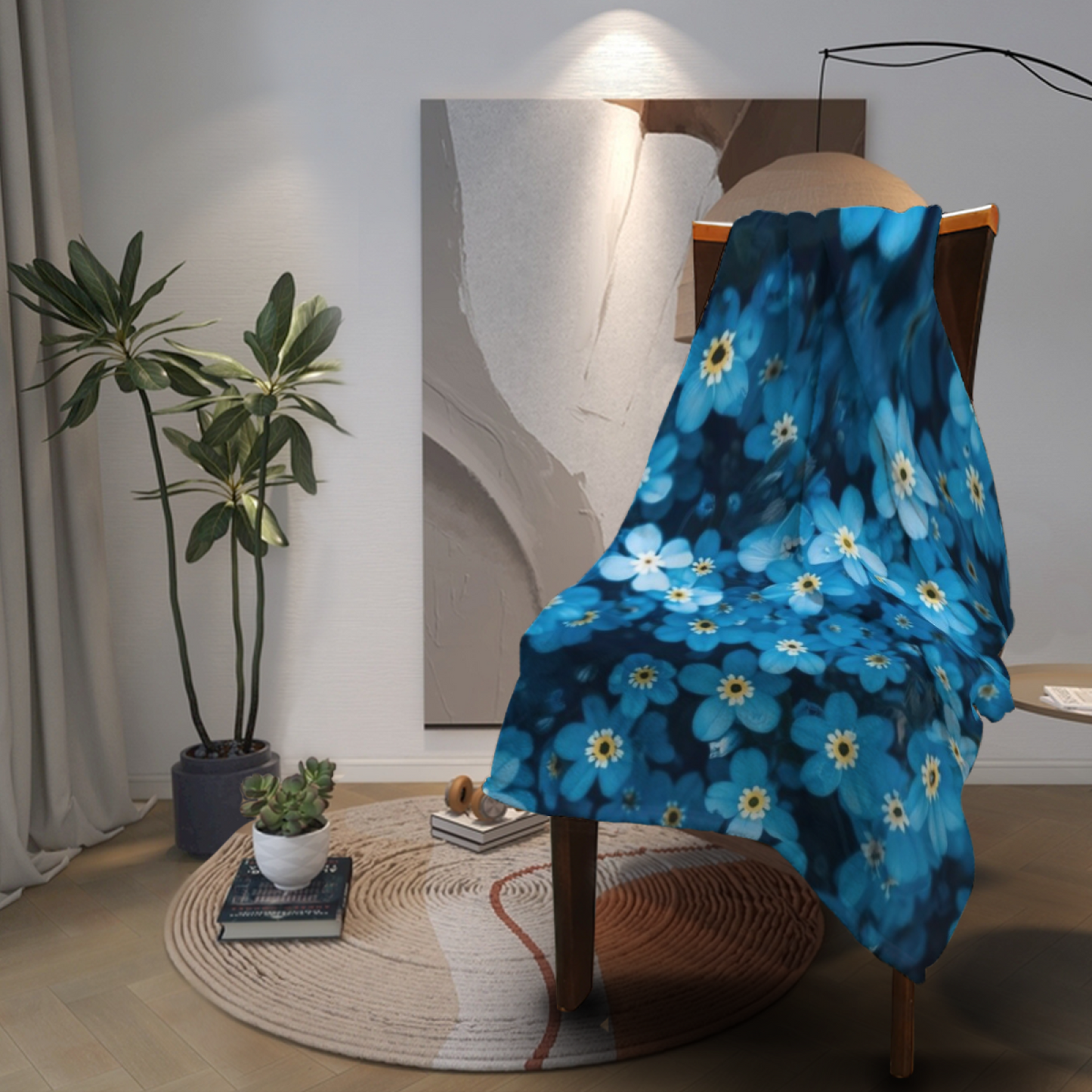 Blue Floral Flannel Throw Blanket ¨C Lush Wildflower Garden Print