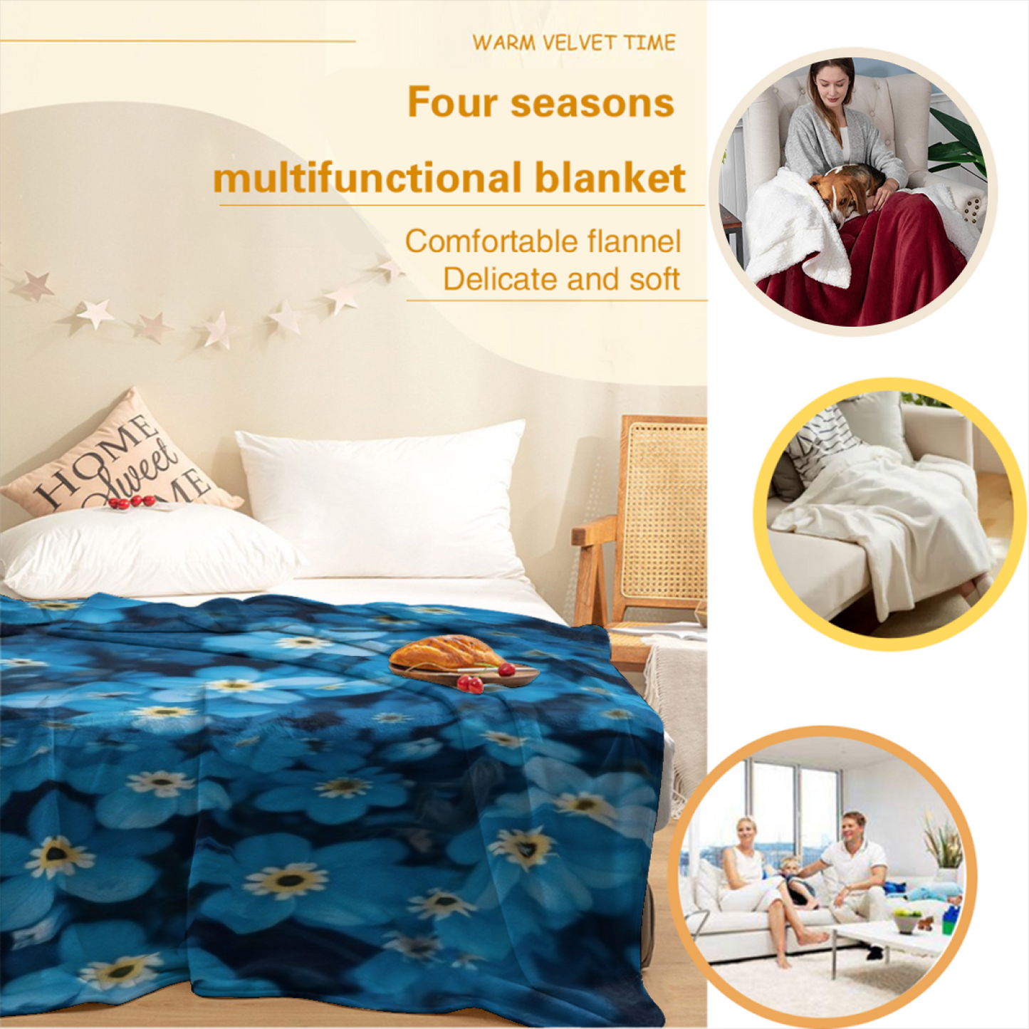 Blue Floral Flannel Throw Blanket ¨C Lush Wildflower Garden Print