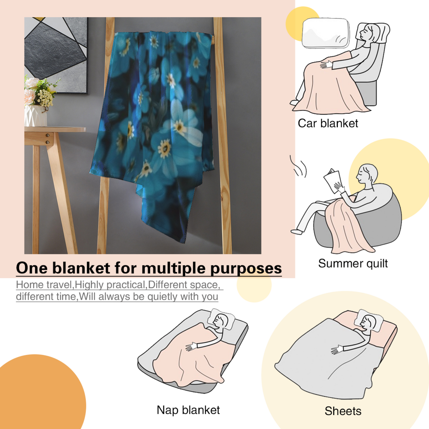 Blue Floral Flannel Throw Blanket ¨C Lush Wildflower Garden Print