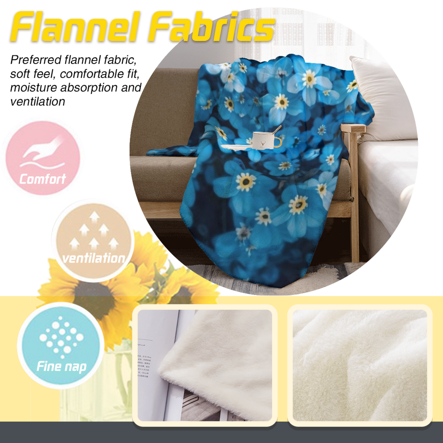 Blue Floral Flannel Throw Blanket ¨C Lush Wildflower Garden Print