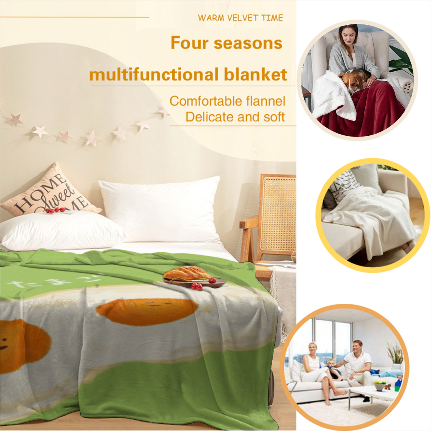 Green Apple Flannel Throw Blanket ¨C Cute Minimal Fruit Character Print
