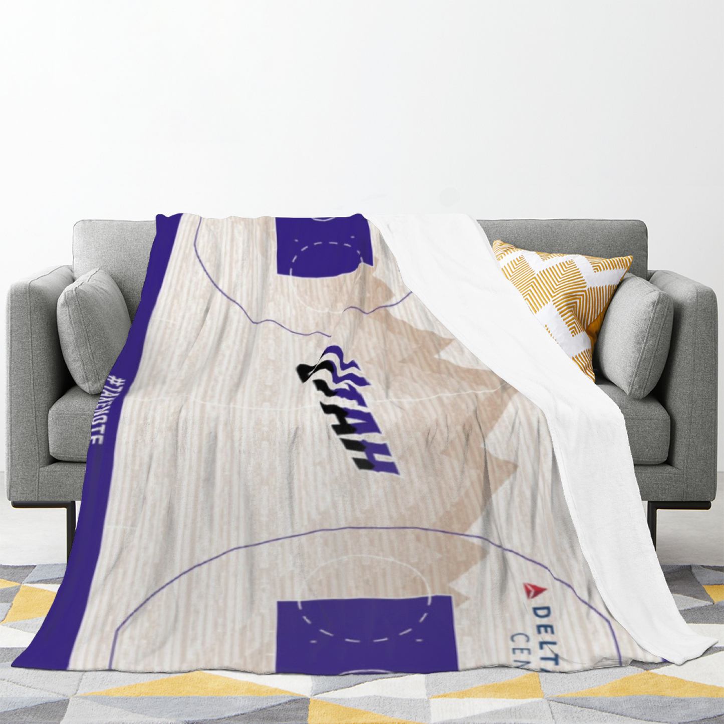 Utah Jazz-Inspired Basketball Court Flannel Throw Blanket ¨C Purple and White Court Design