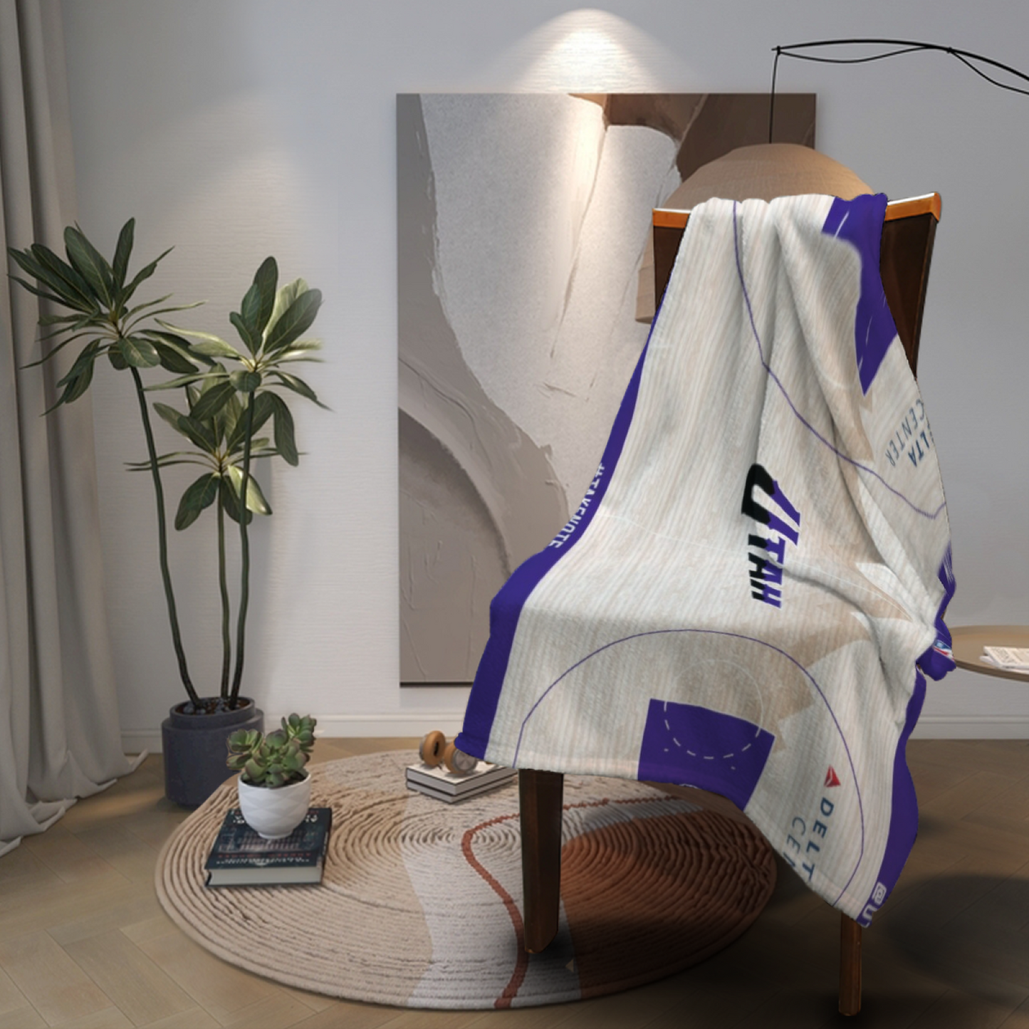 Utah Jazz-Inspired Basketball Court Flannel Throw Blanket ¨C Purple and White Court Design