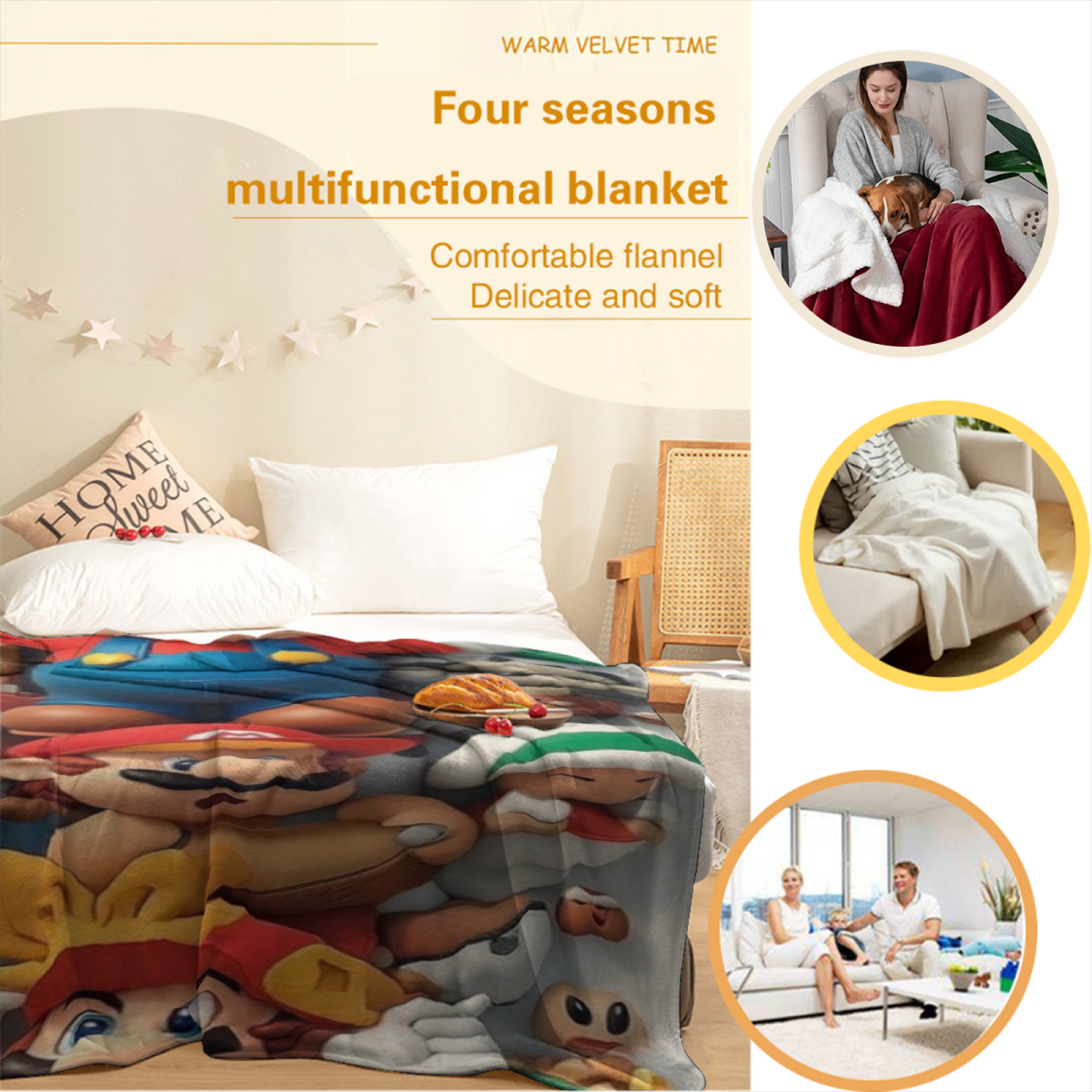 Super Mario Character Flannel Throw Blanket ¨C Colorful Gaming Cartoon Print